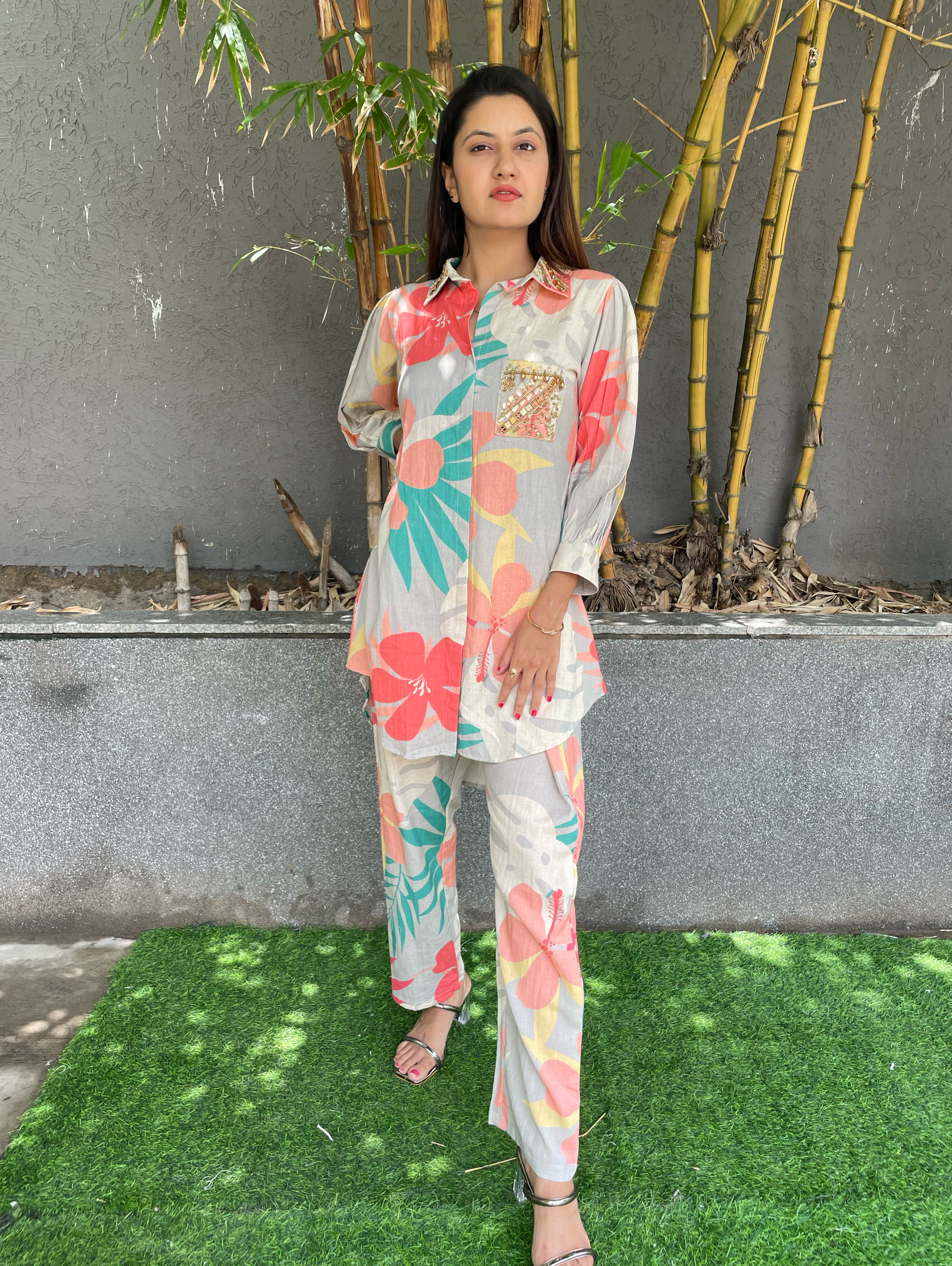 Image of Cotton Flower Print Hand work Coords