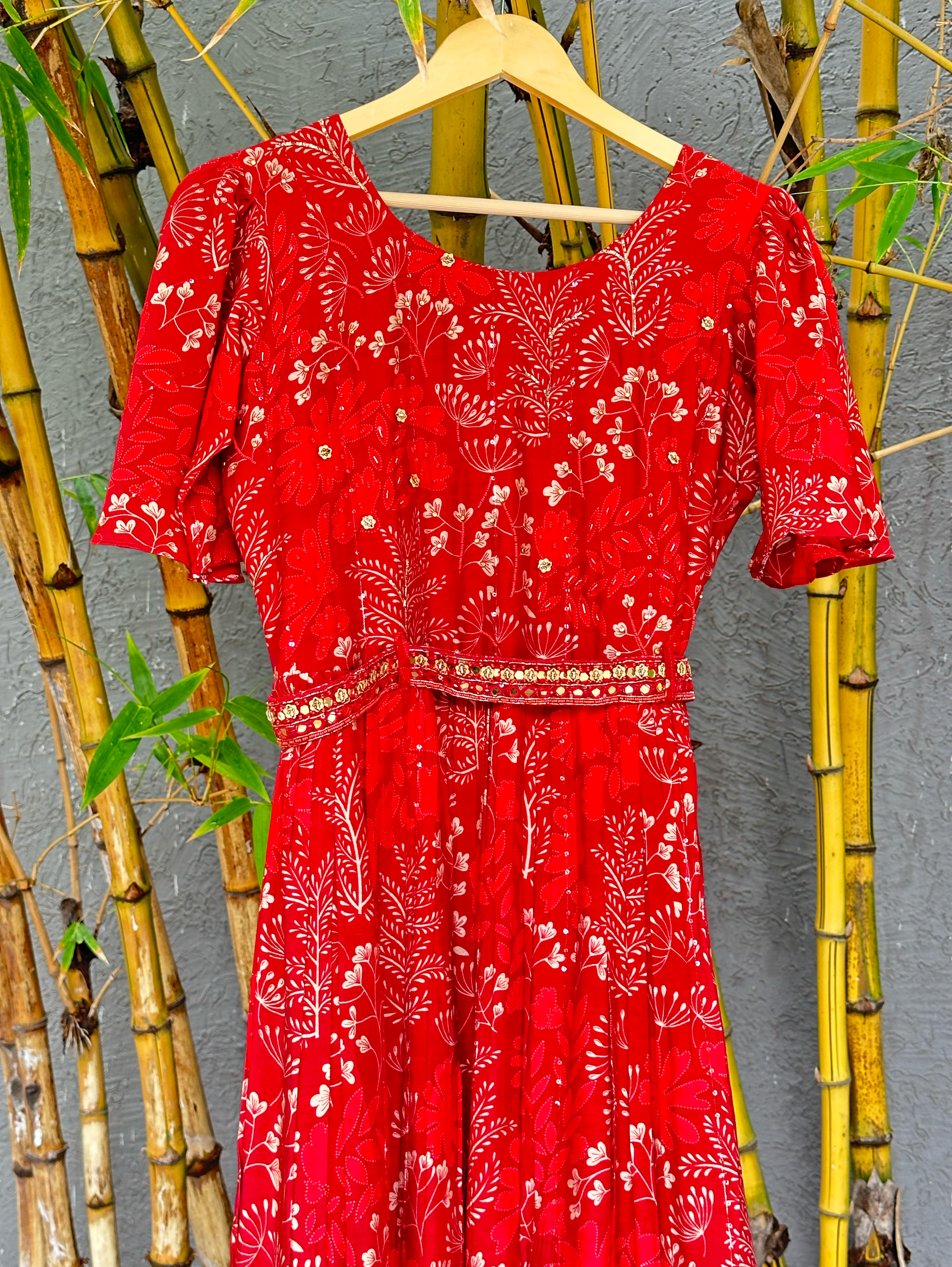 Image of Red Muslin Jumpsuit with Sequence work