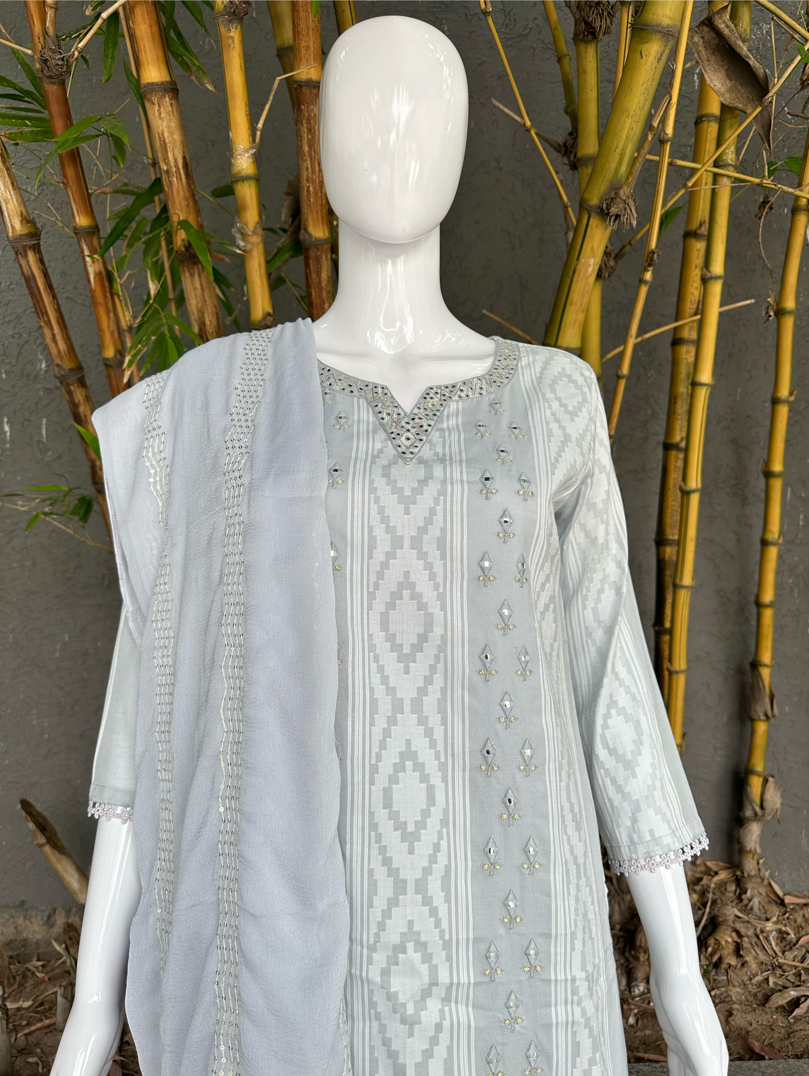 Image of Cotton Ikkat print Embroidery Kurti Set