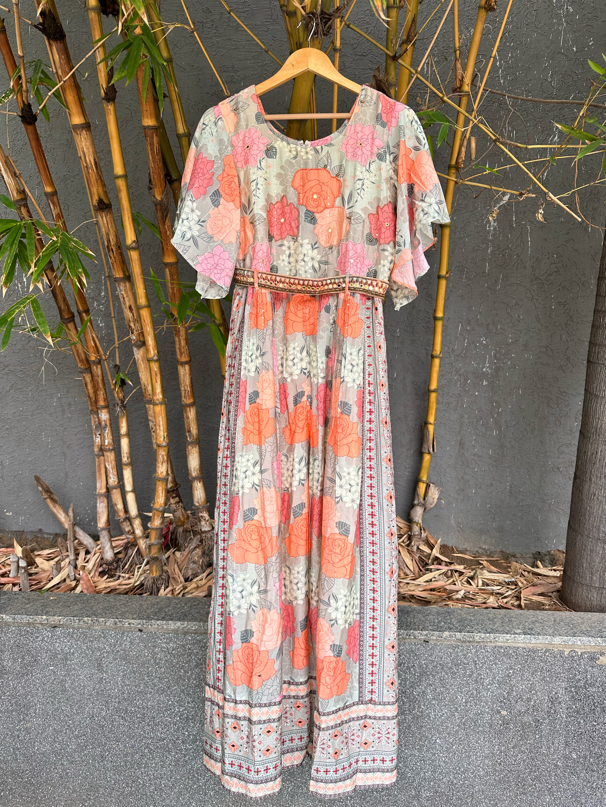 Big Flower Muslin Jumpsuit with Sequence work