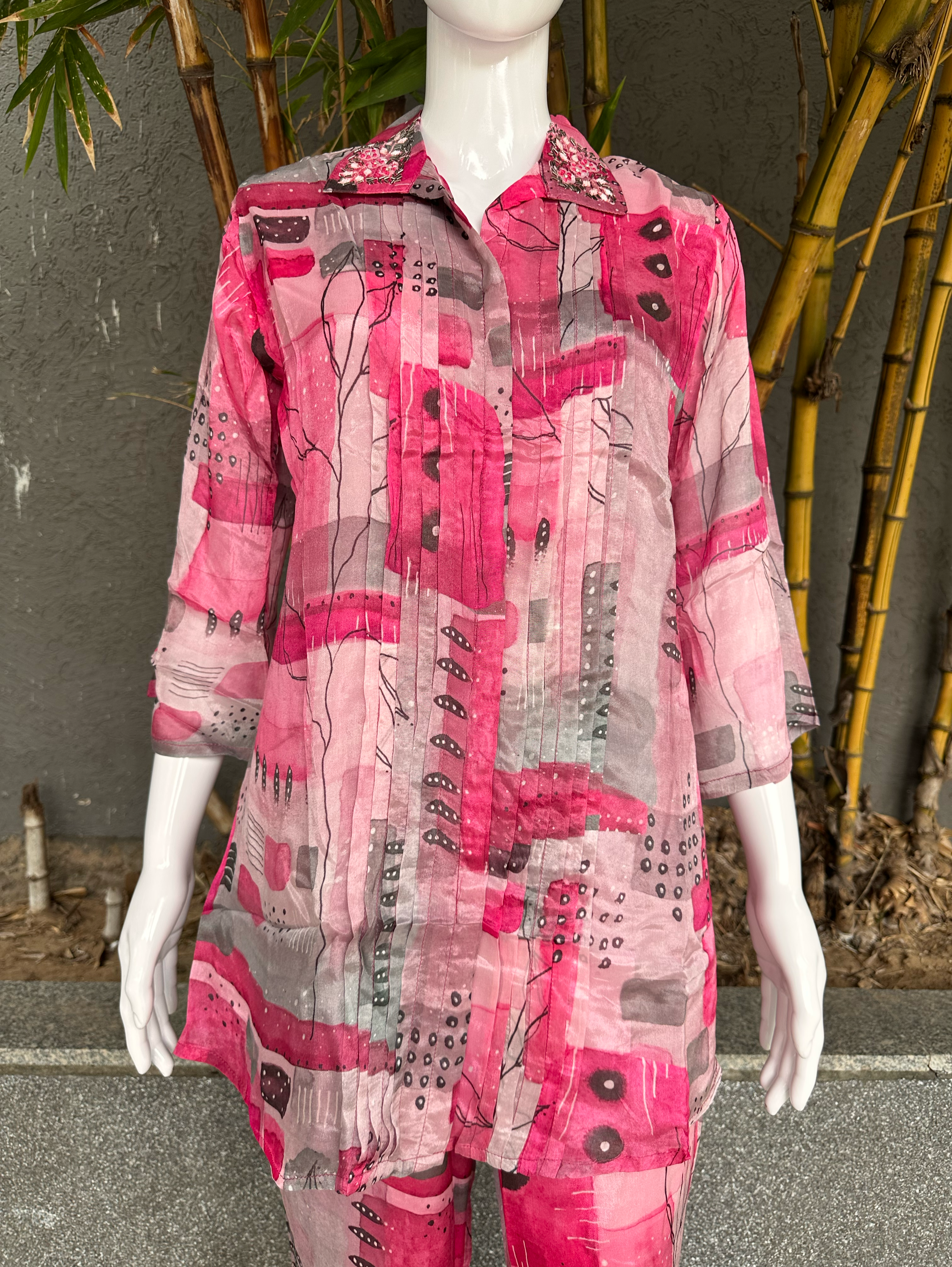 Image of Pure Chinnon Print with Collar work - Coord Set