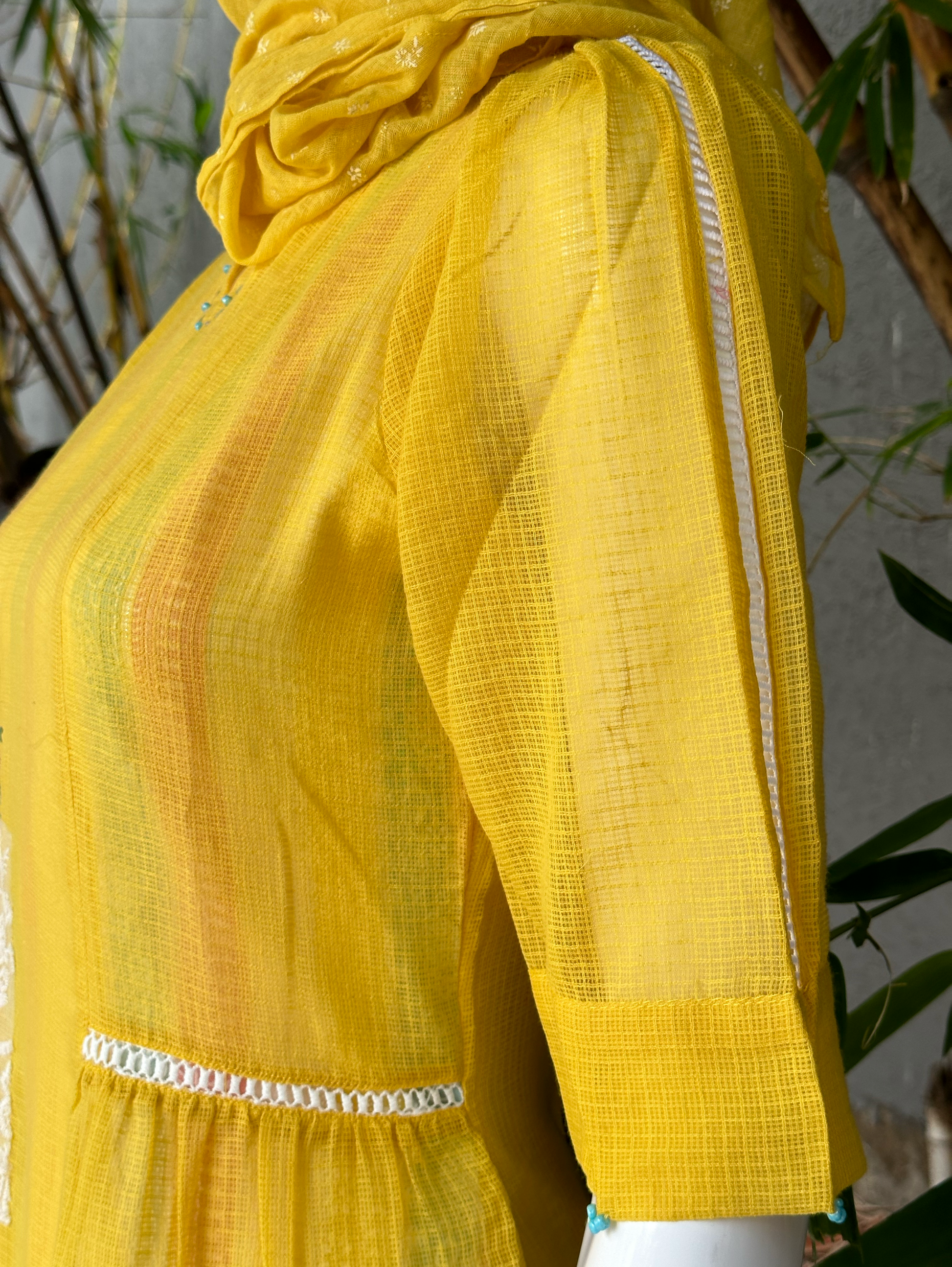 Cotton 3 Piece with Scarf & Lycra Pant - Yellow