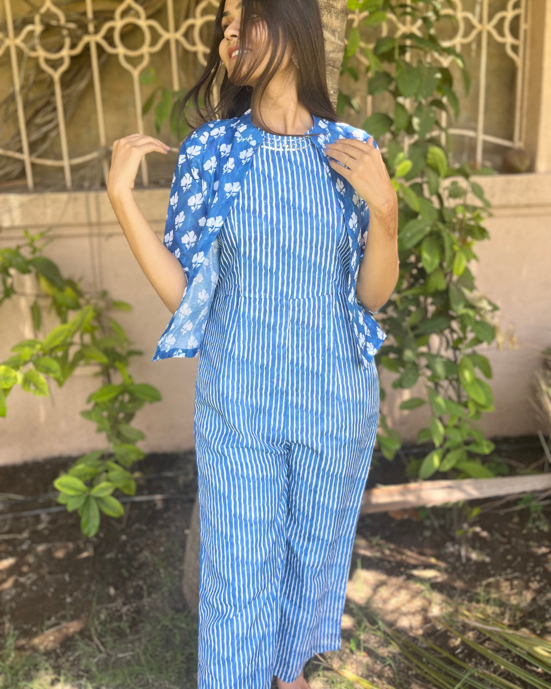 Muslin Stripe Jumpsuit - With Jacket