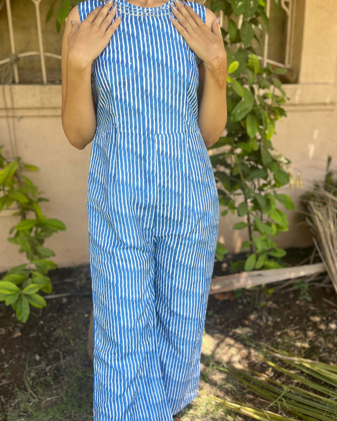 Muslin Stripe Jumpsuit - With Jacket