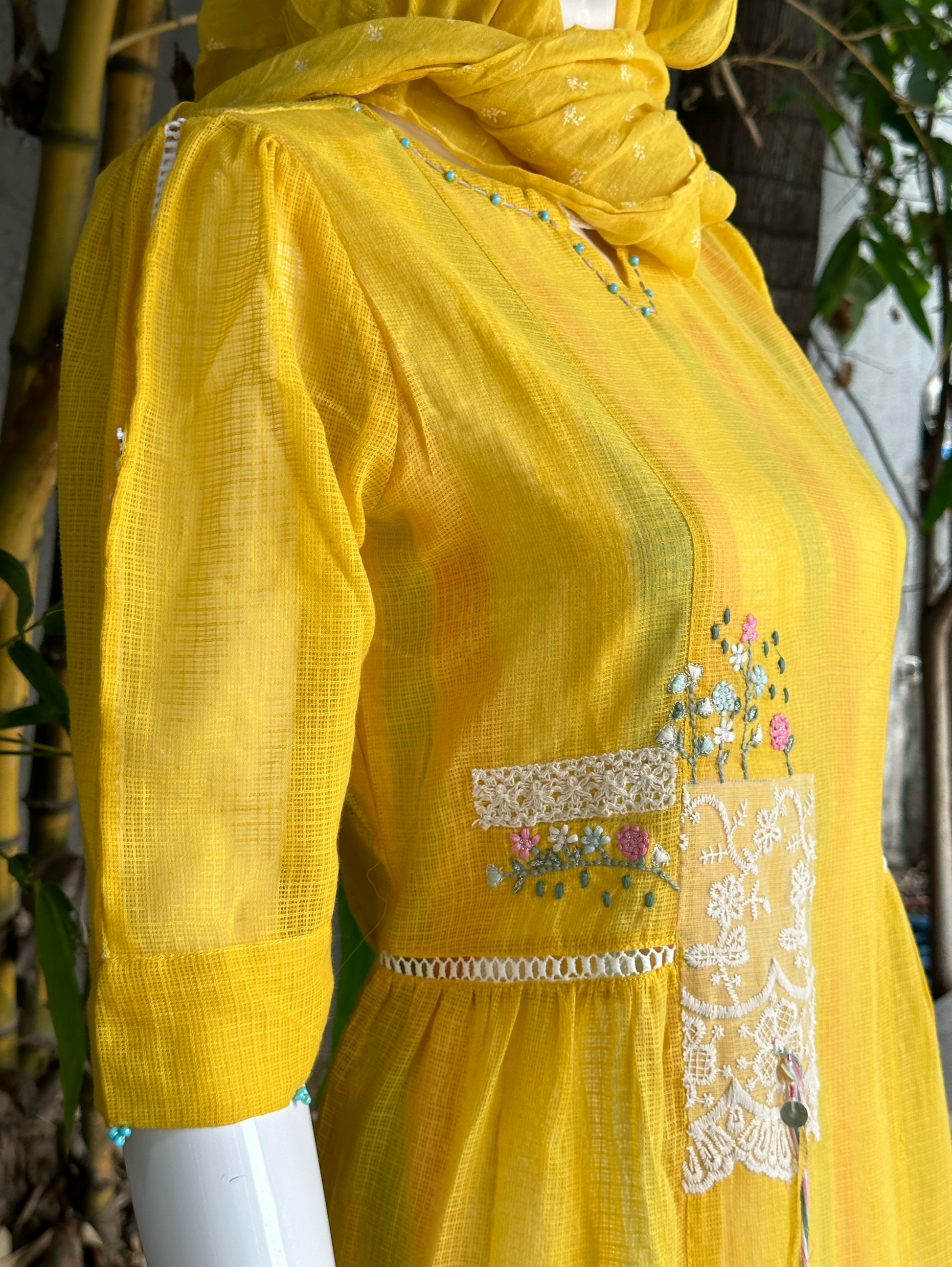 Cotton 3 Piece with Scarf & Lycra Pant - Yellow