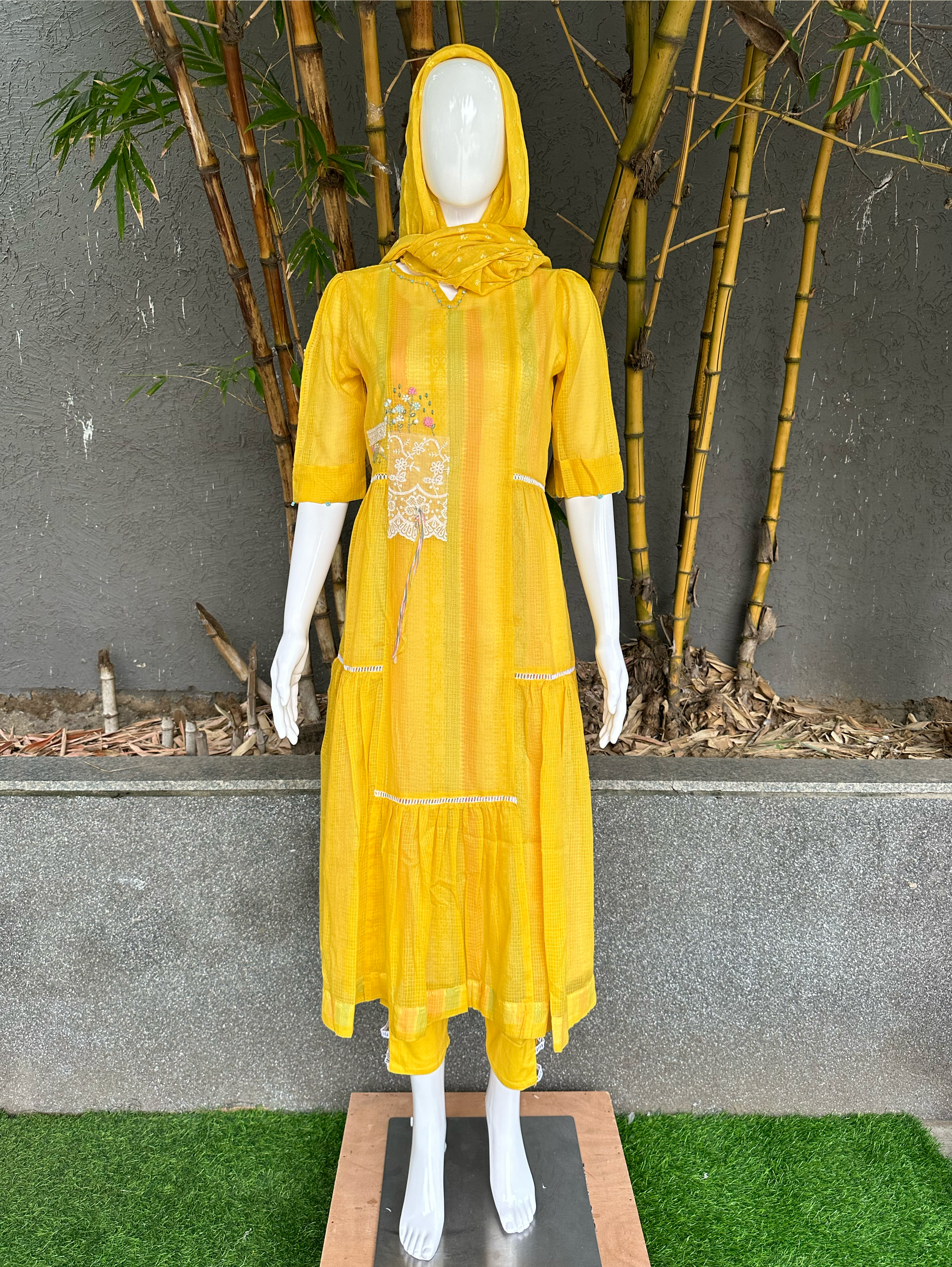 Image of Cotton 3 Piece with Scarf & Lycra Pant - Yellow