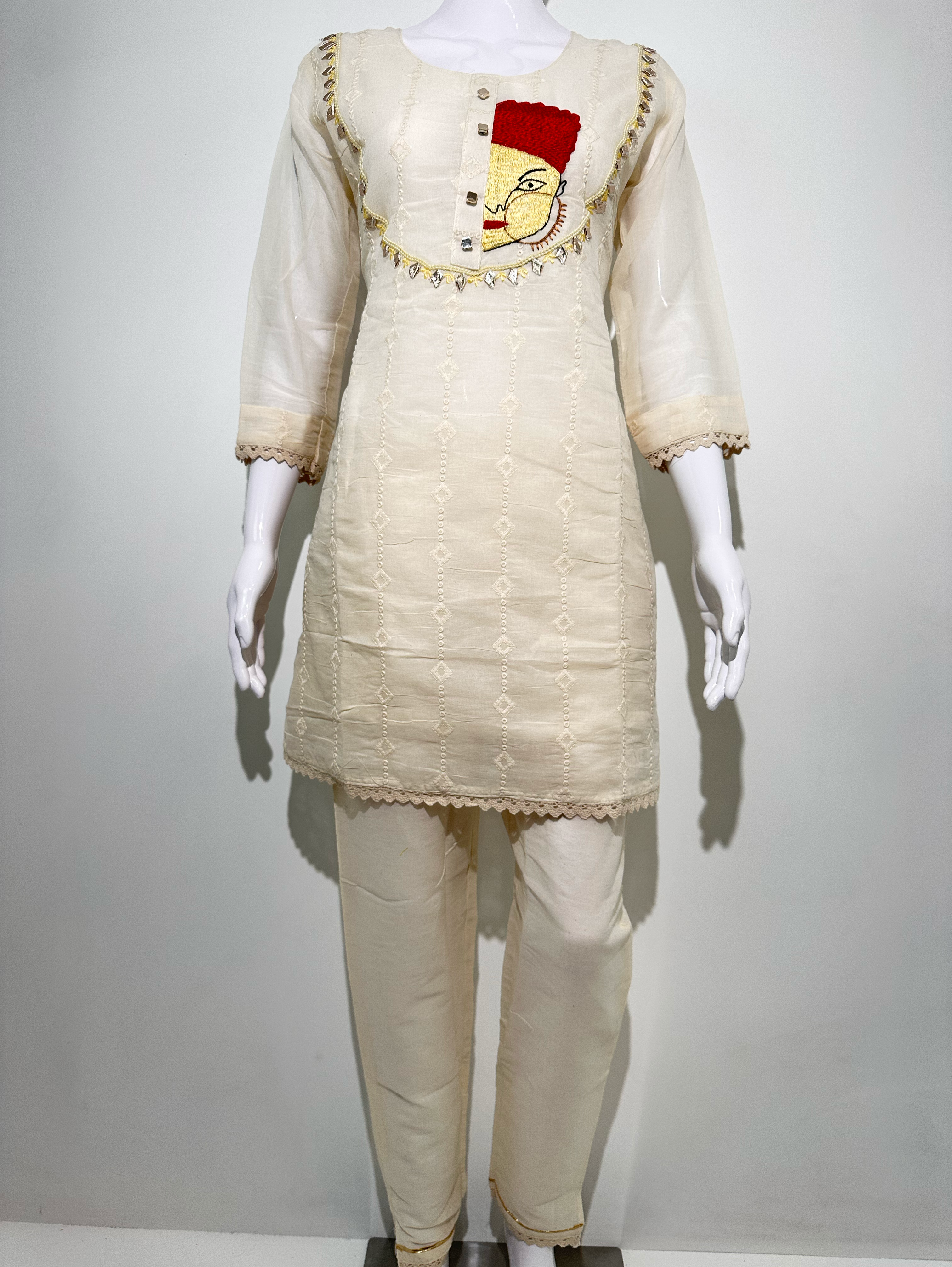 Image of Cotton Linen Embroidery Kurti Set