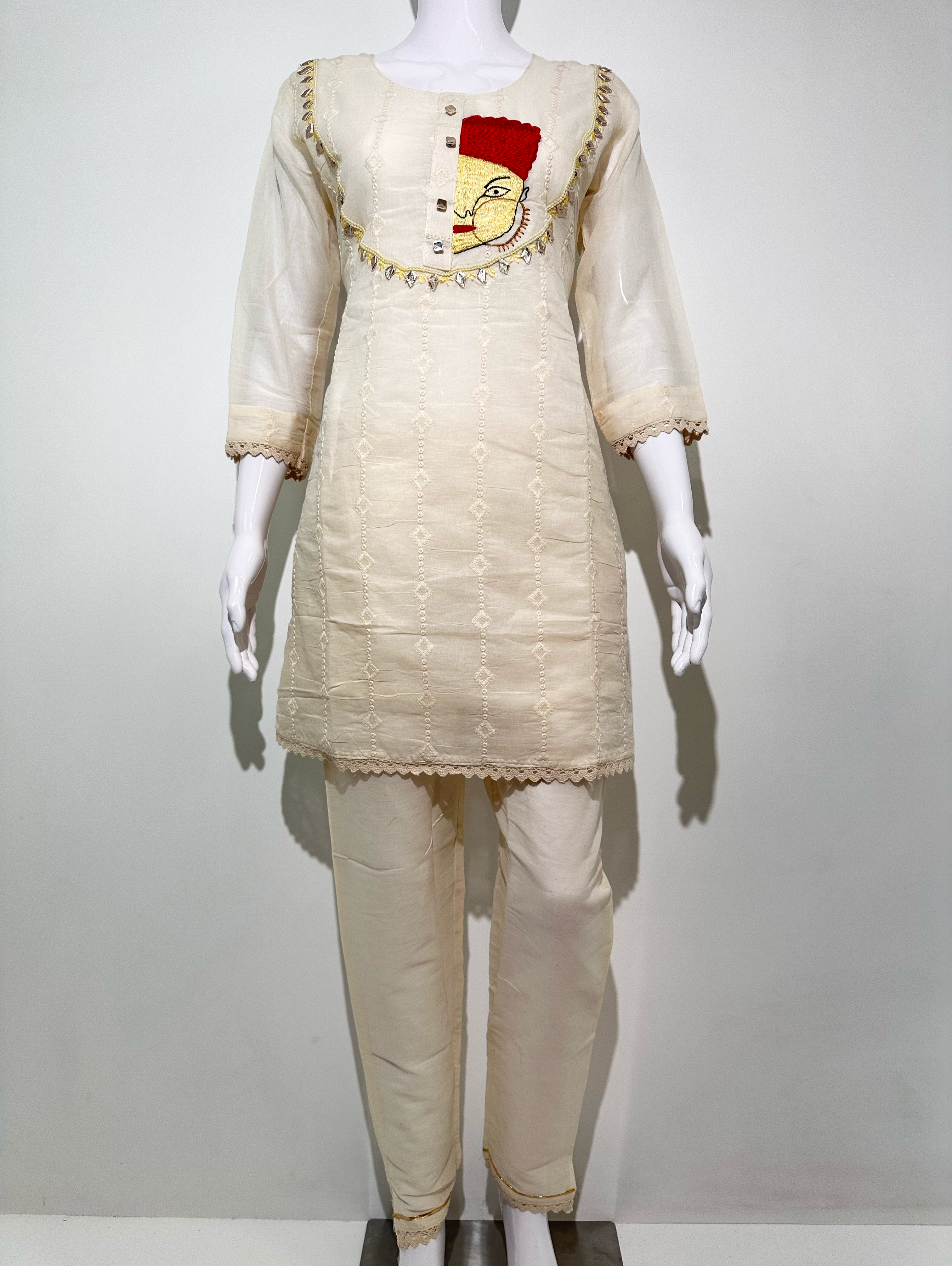 Image of Cotton Linen Embroidery Kurti Set