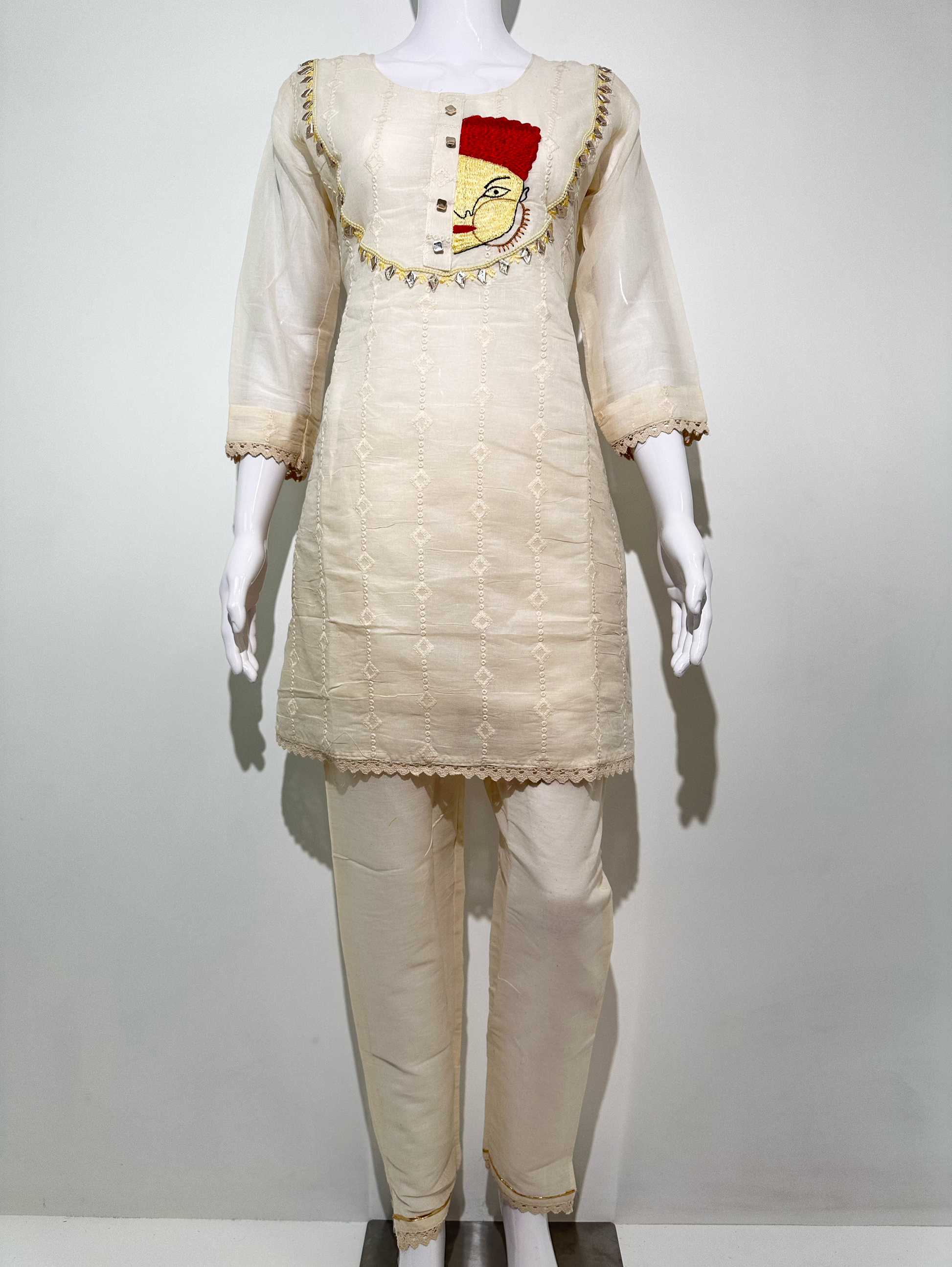 Cotton Linen Embroidery Kurti Set