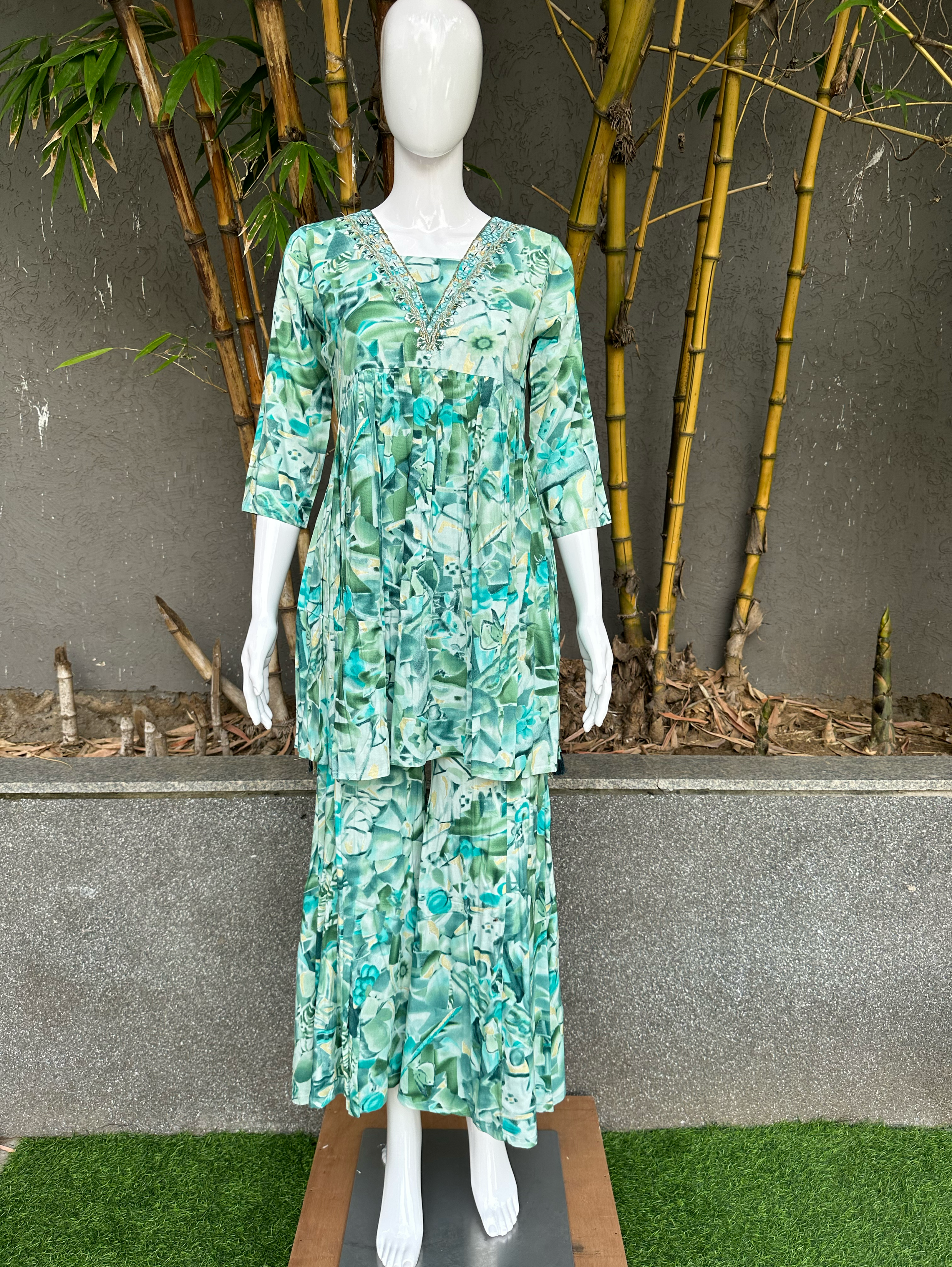 Image of Rayon V Neck Bell Bottom Style Coords