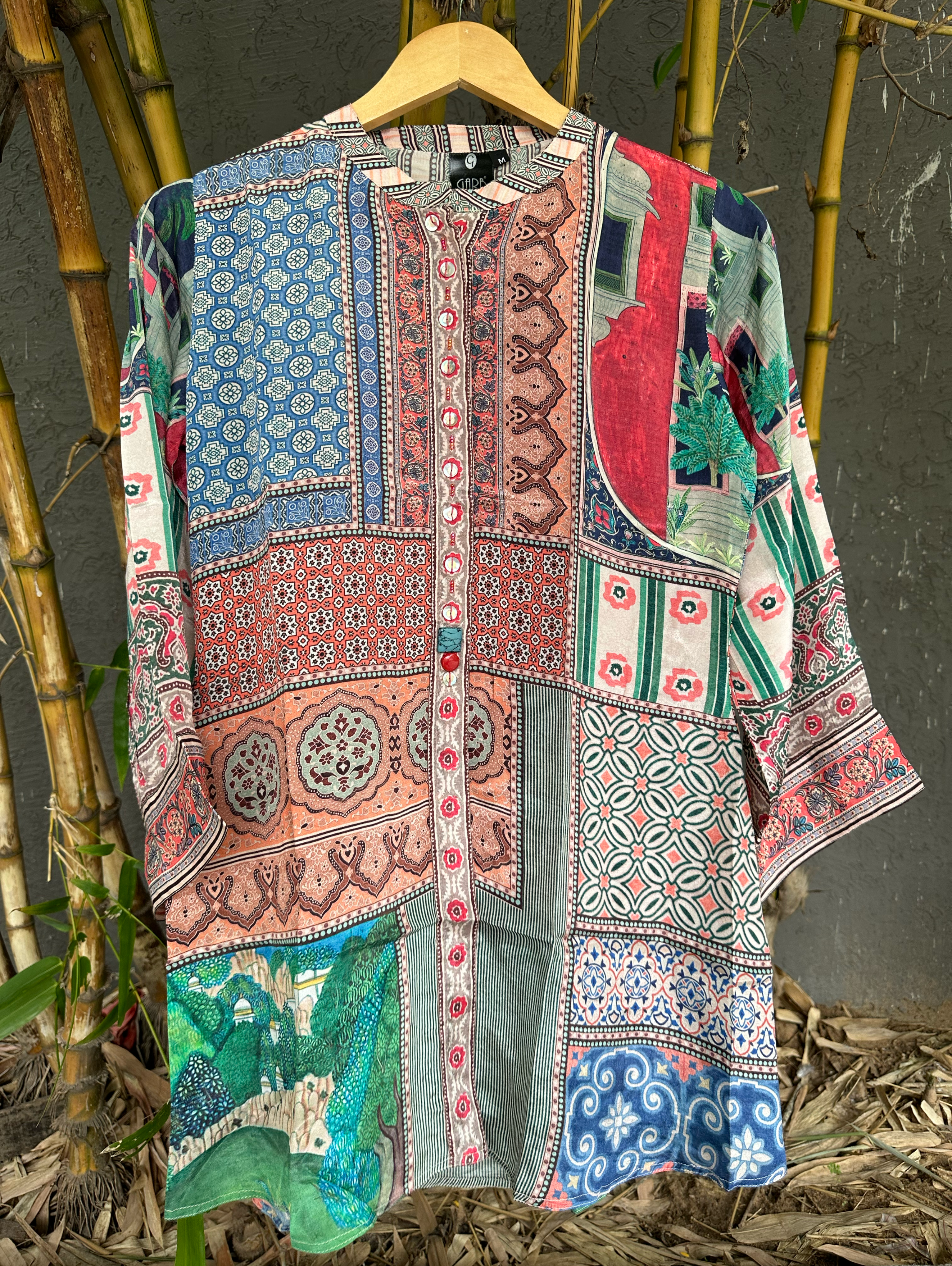 Image of Muslin Print Tunics with Stand Patti Embroidery work