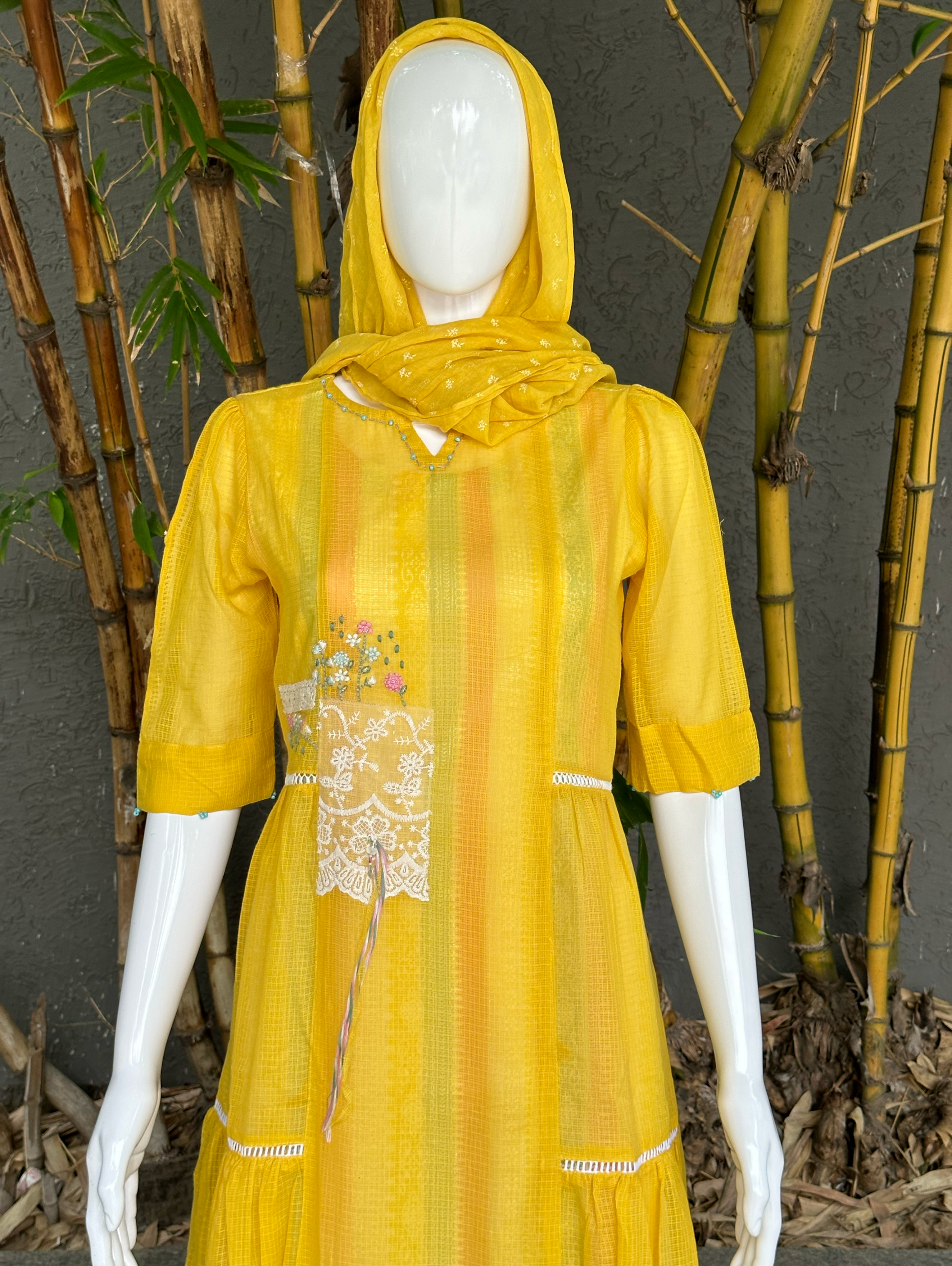 Image of Cotton 3 Piece with Scarf & Lycra Pant - Yellow