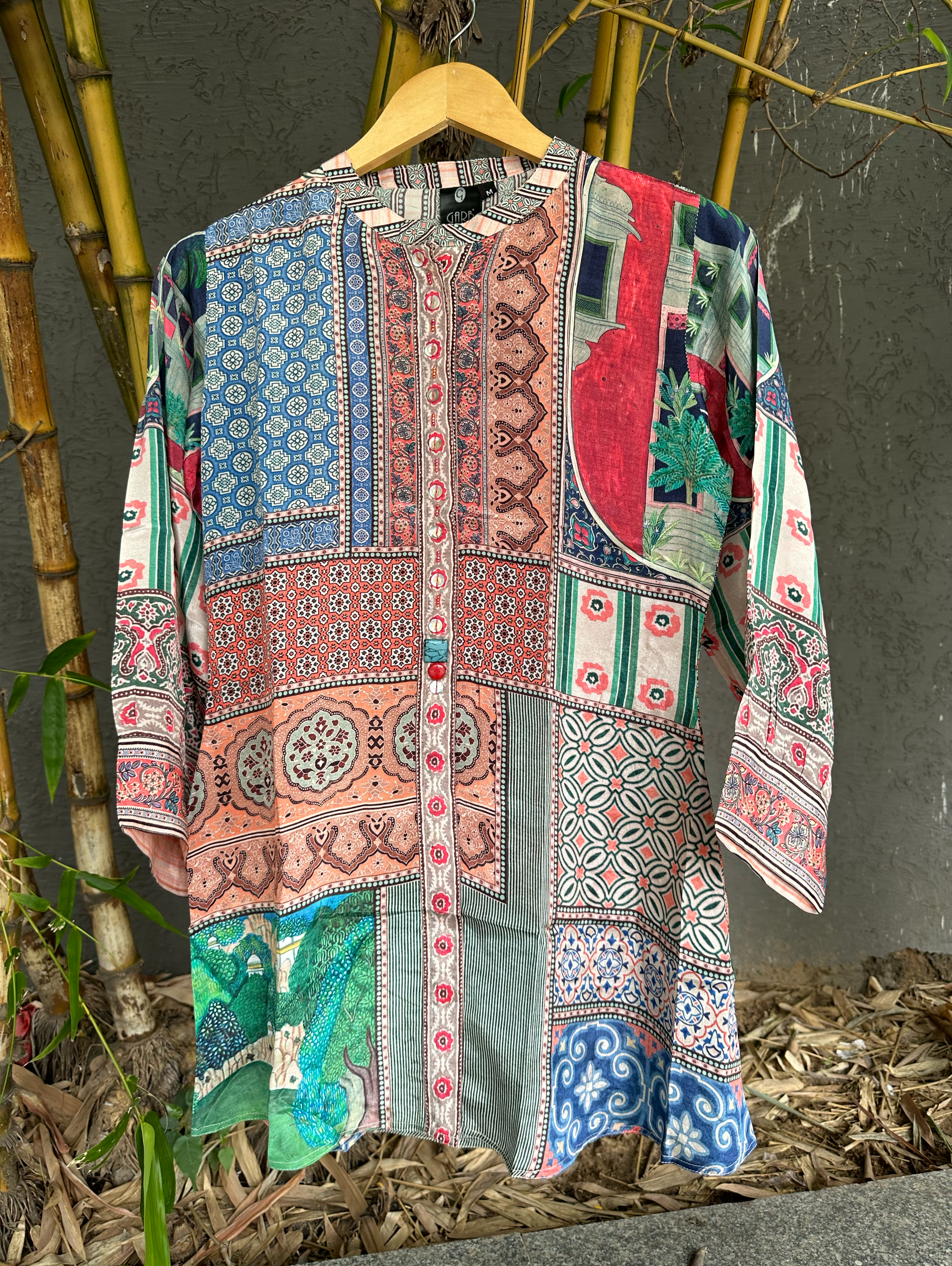 Image of Muslin Print Tunics with Stand Patti Embroidery work