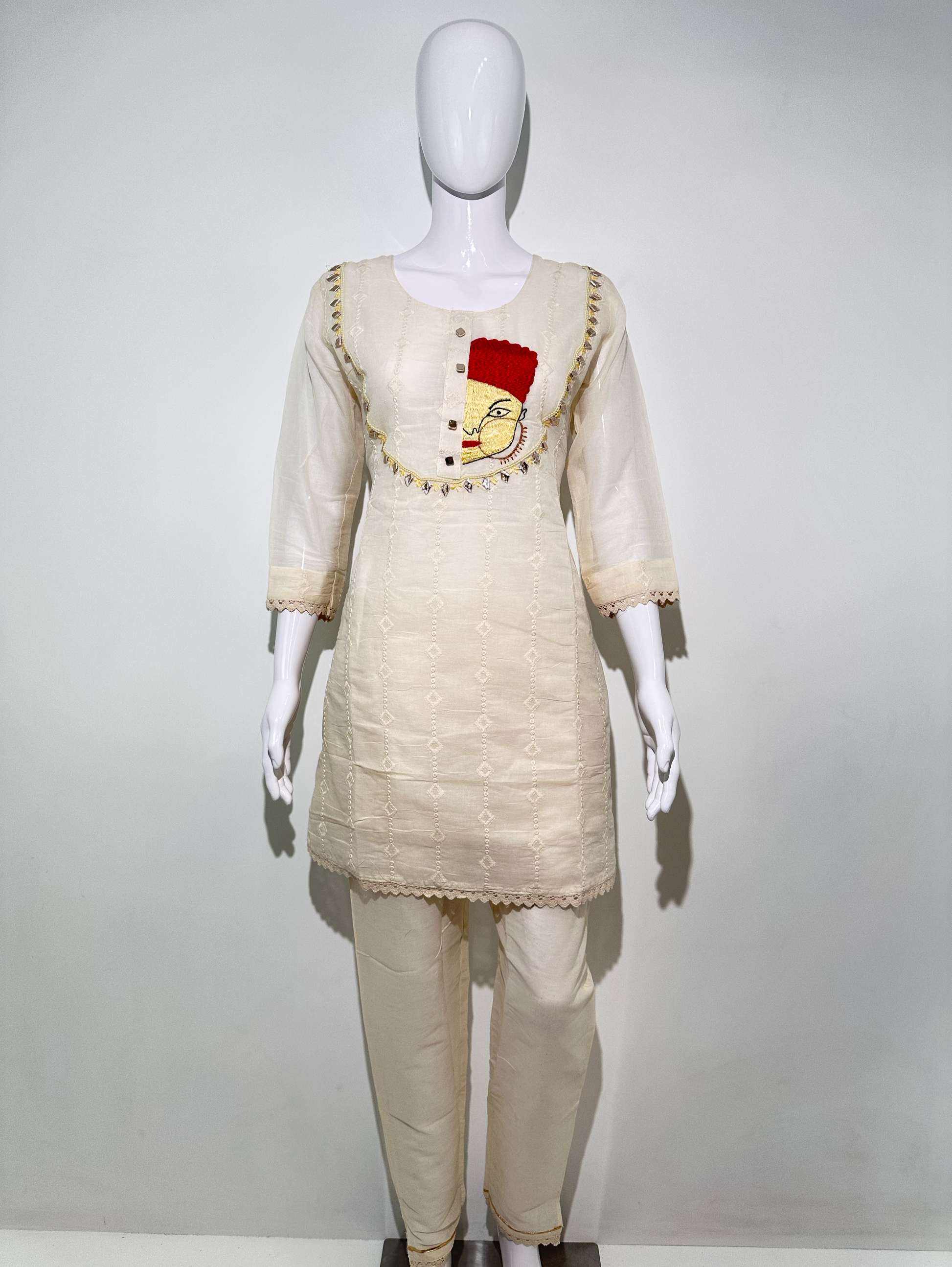 Cotton Linen Embroidery Kurti Set