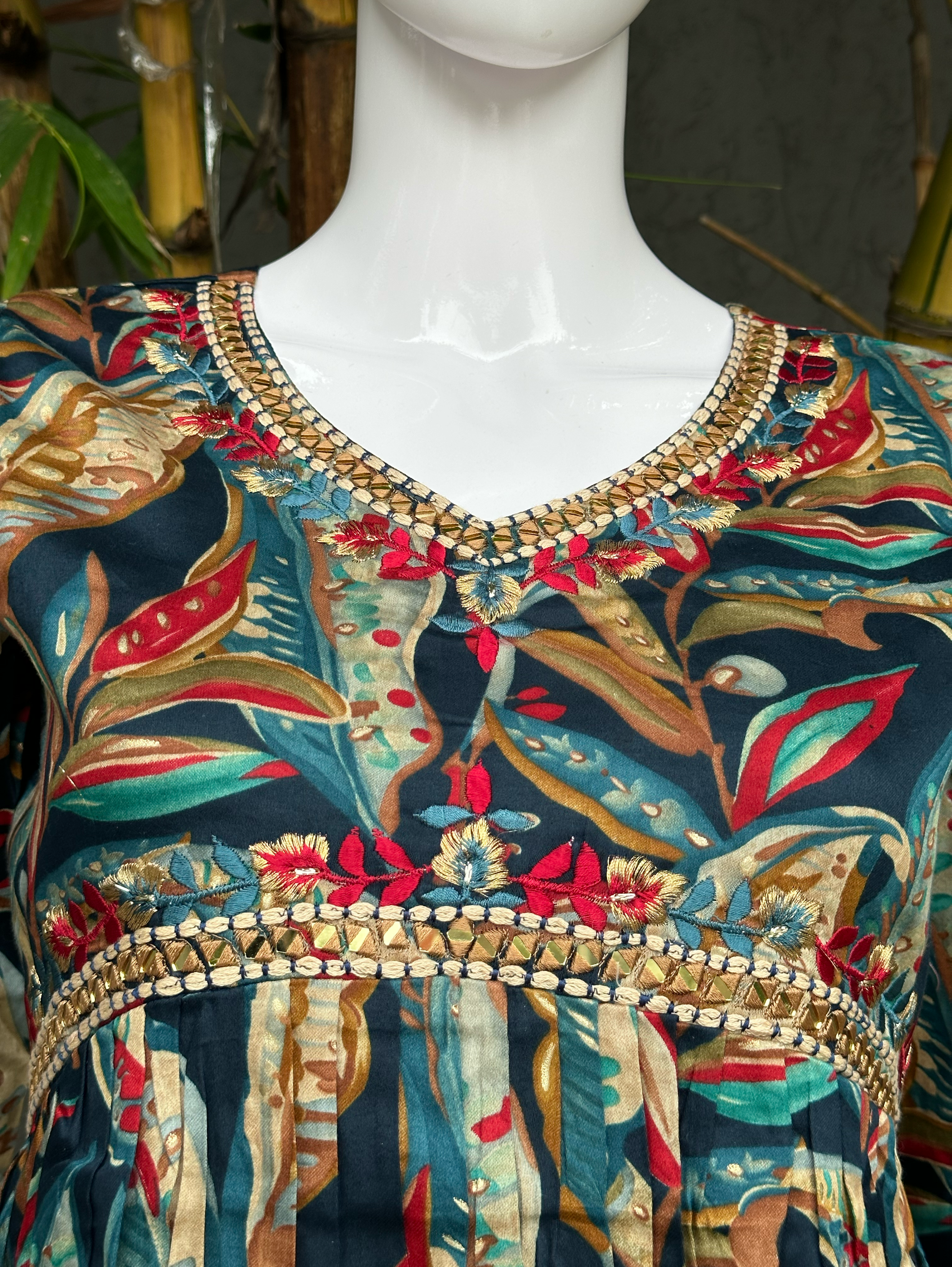 Image of Muslin v Neck Embroidery Bell Bottom Coords