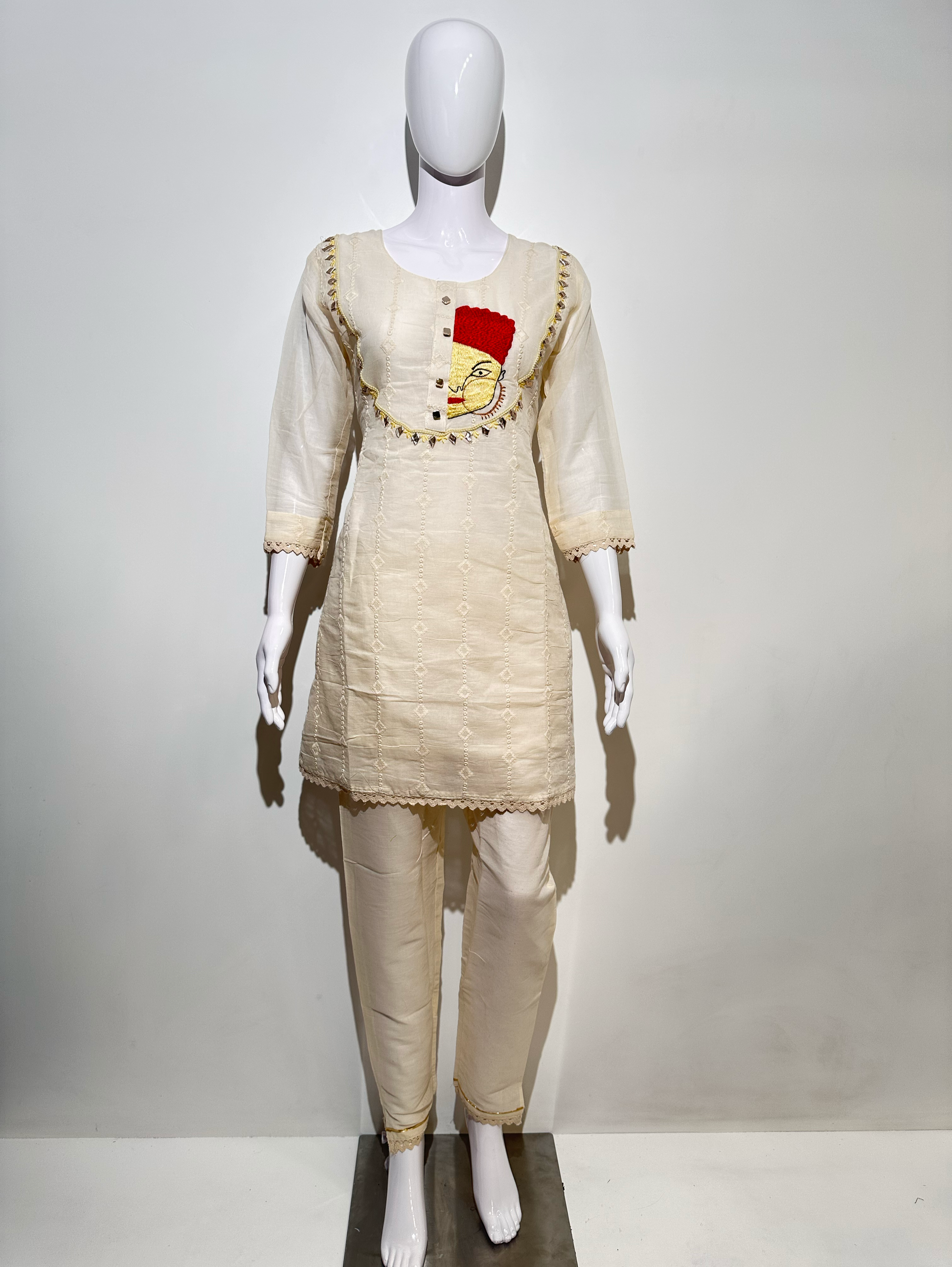 Cotton Linen Embroidery Kurti Set