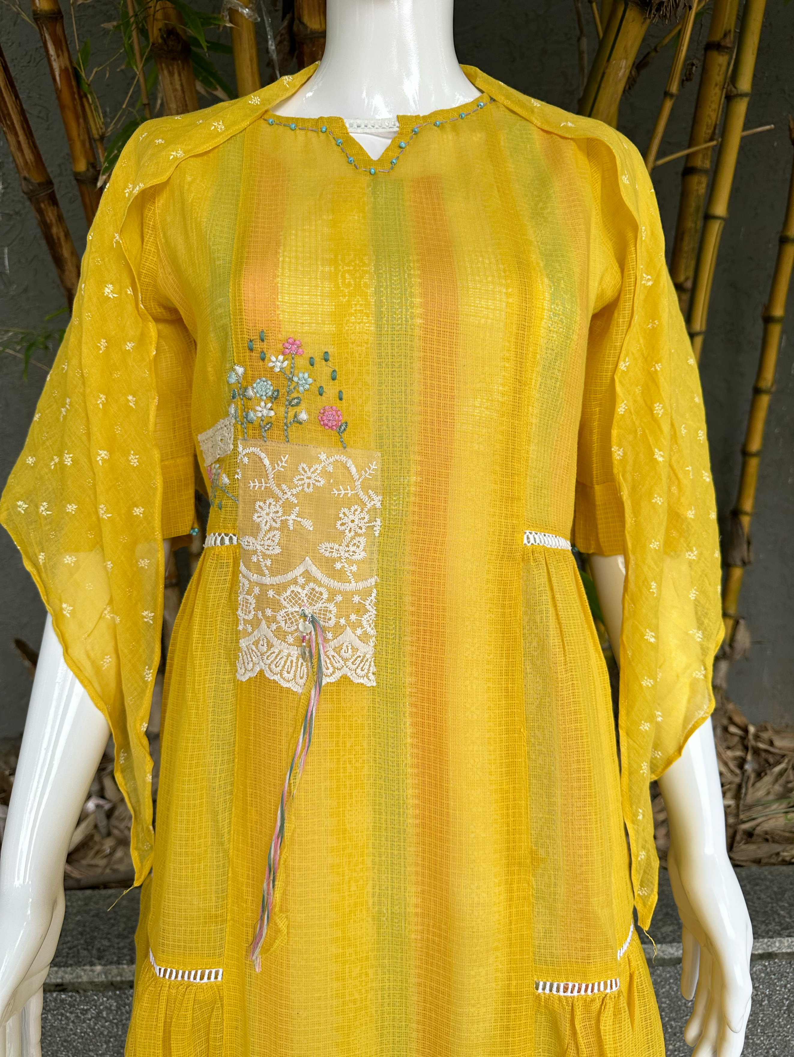 Image of Cotton 3 Piece with Scarf & Lycra Pant - Yellow