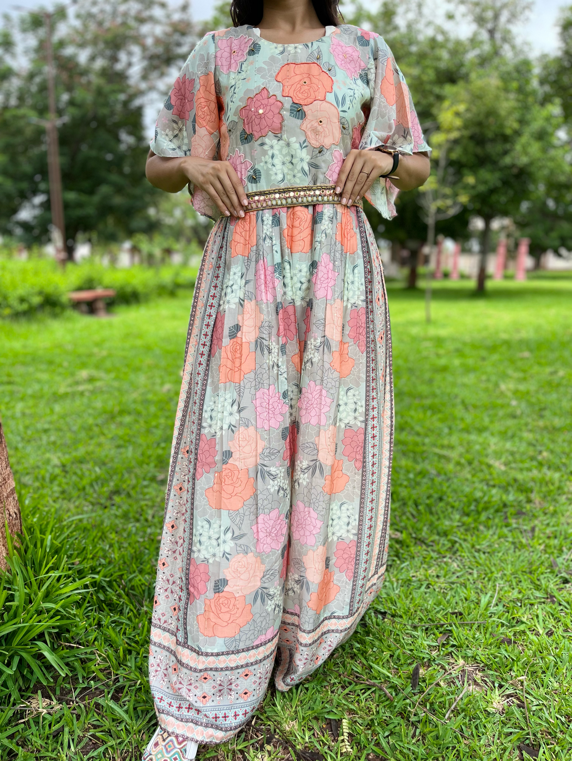 Big Flower Muslin Jumpsuit with Sequence work