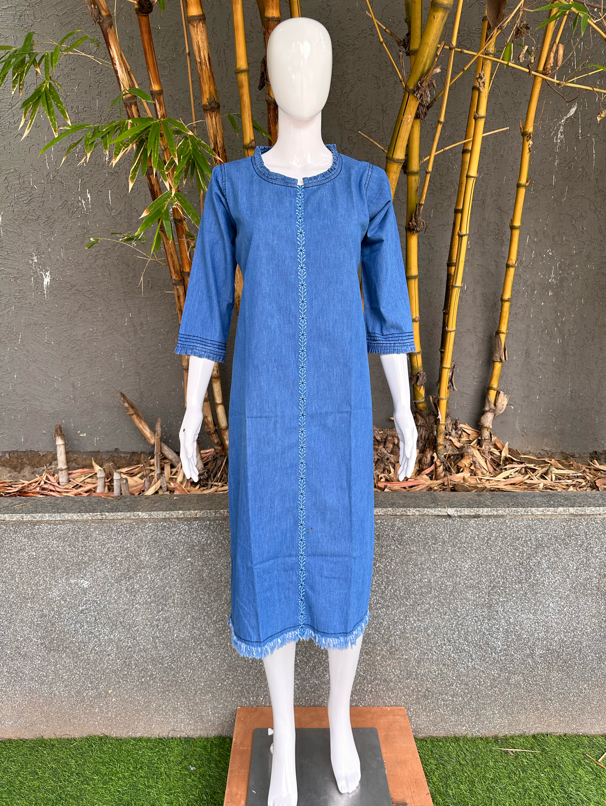 Denim Dress with Embroidery and Unique Cuts