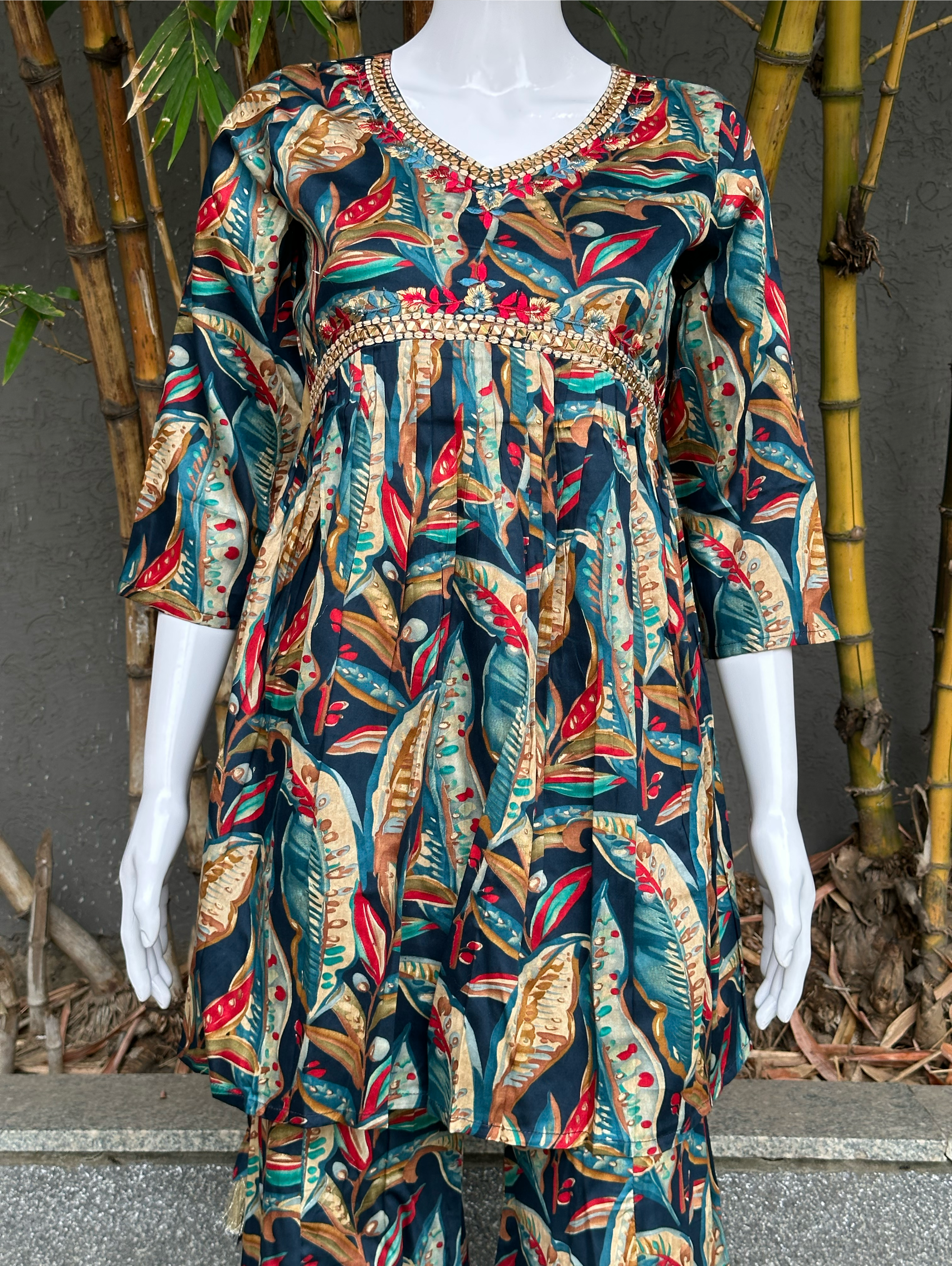 Image of Muslin v Neck Embroidery Bell Bottom Coords