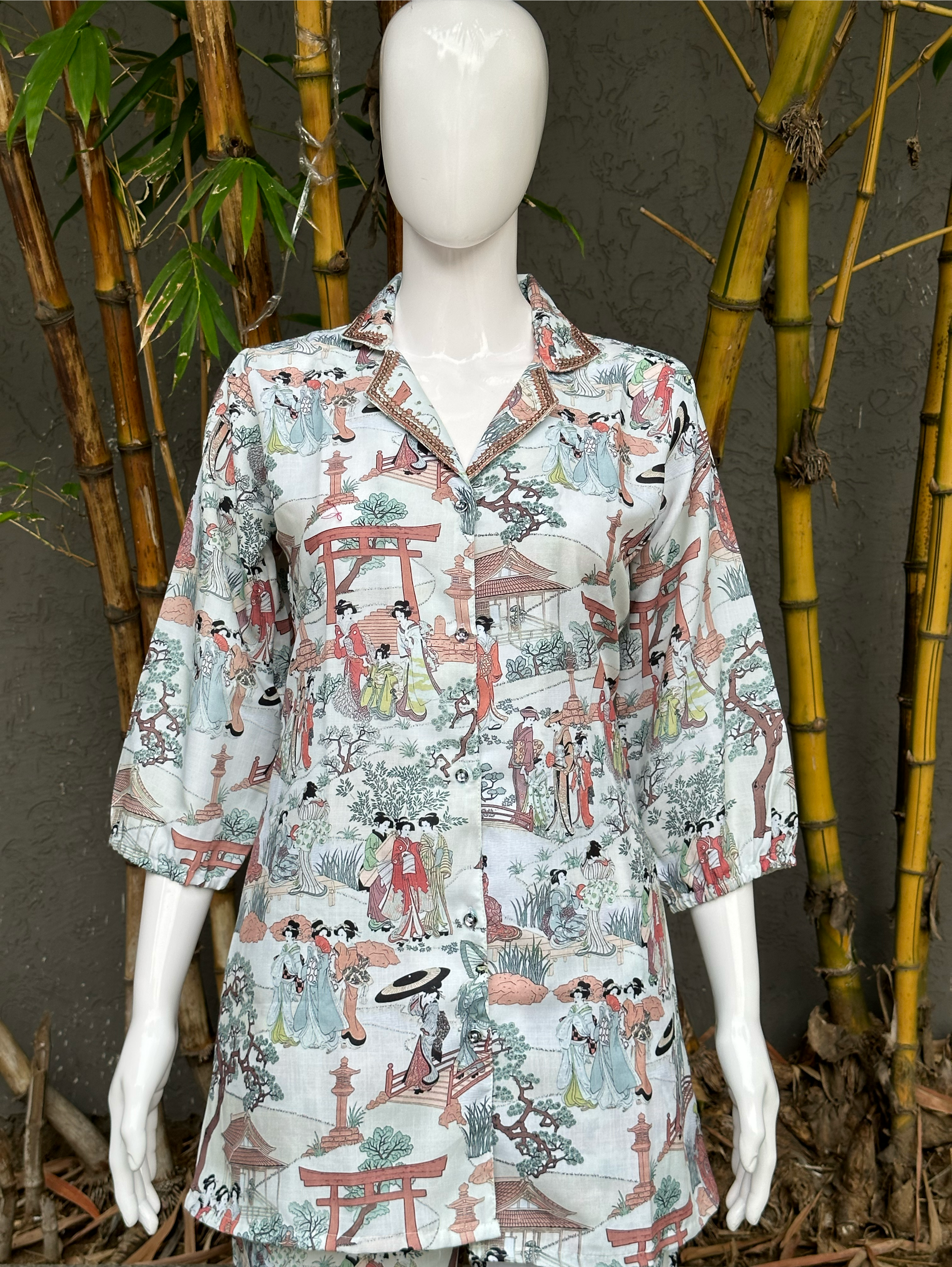 Image of Cotton Print Coords with Collar Sequence