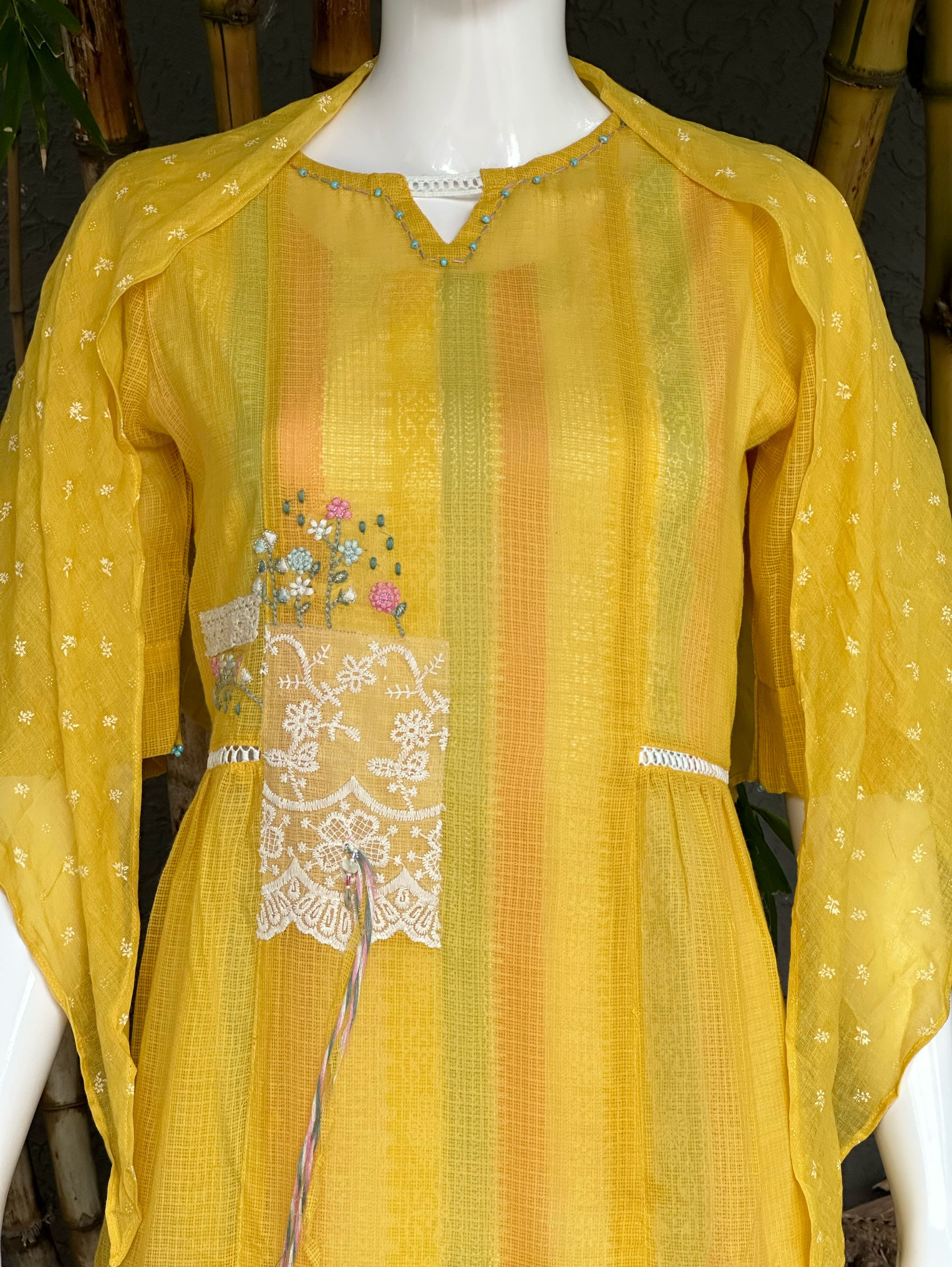 Image of Cotton 3 Piece with Scarf & Lycra Pant - Yellow
