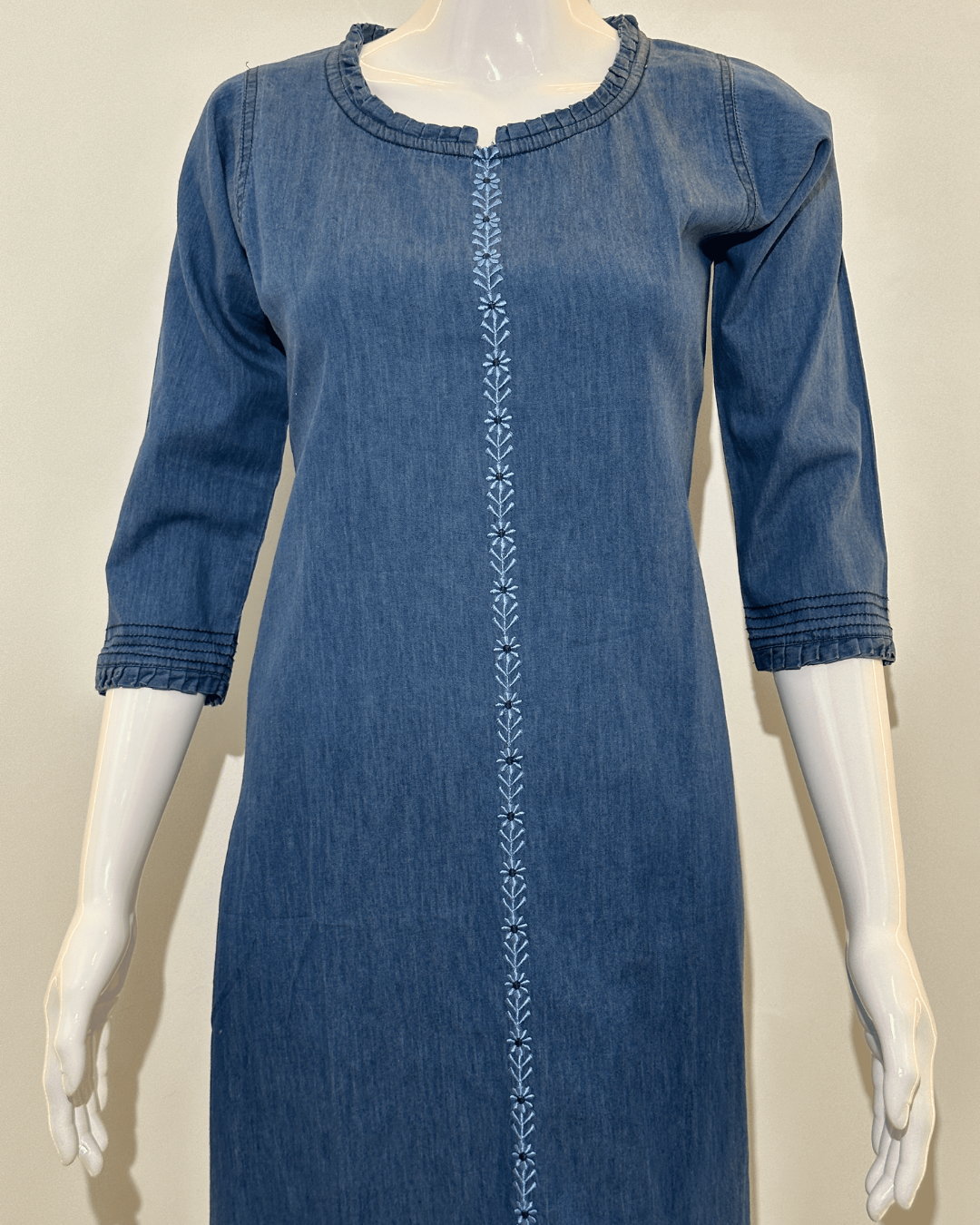 Image of Denim Dress with Embroidery and Unique Cuts