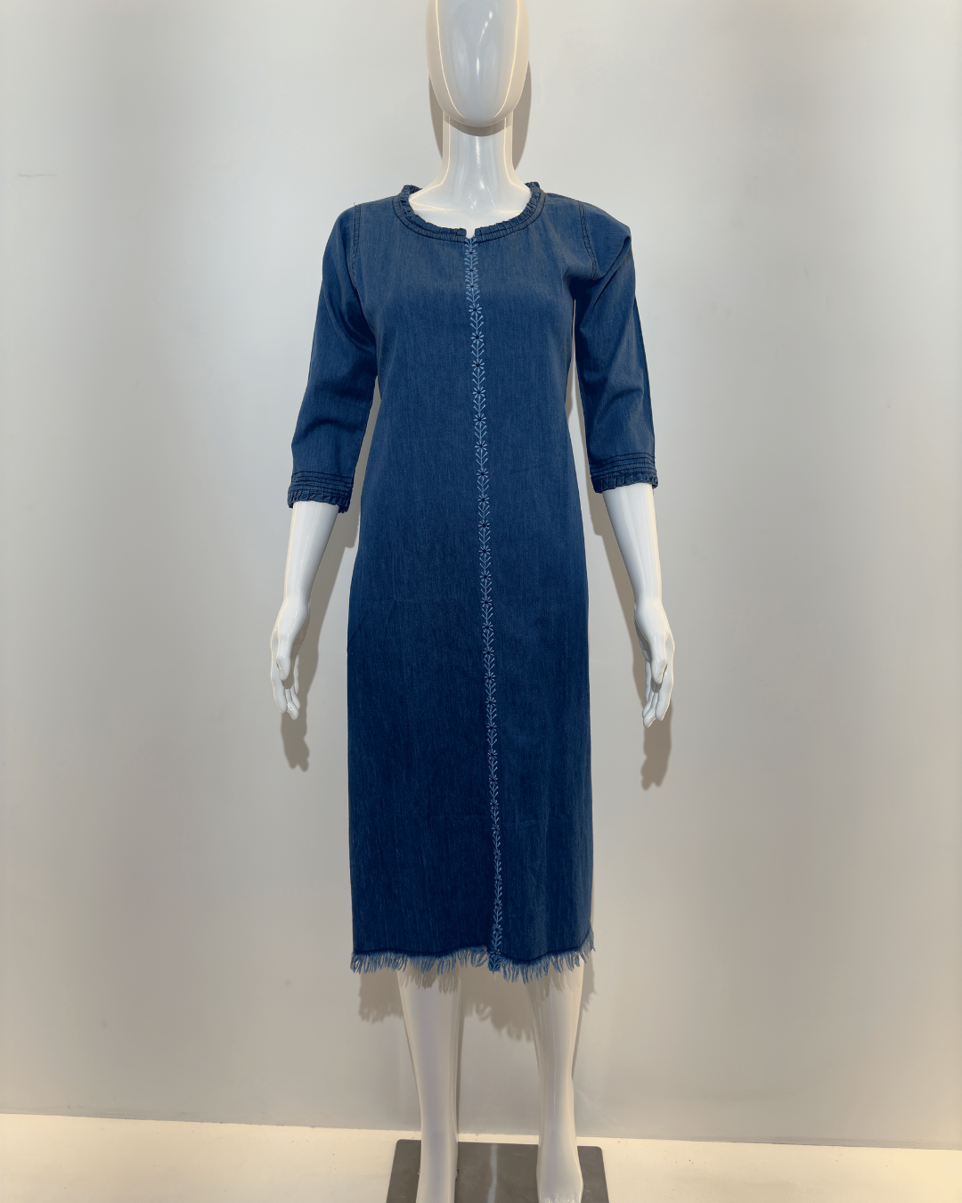 Image of Denim Dress with Embroidery and Unique Cuts