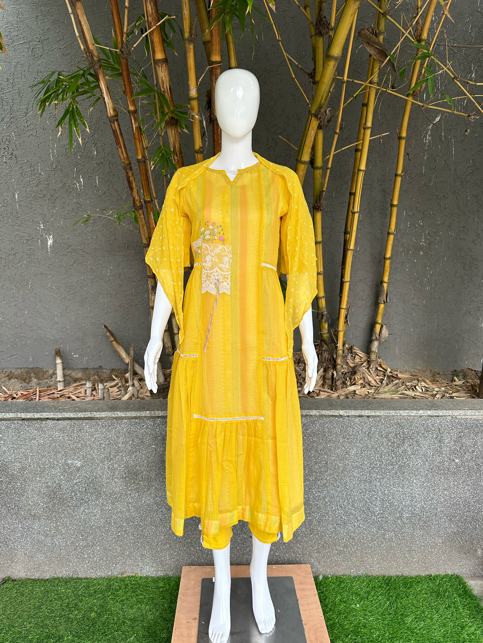 Cotton 3 Piece with Scarf & Lycra Pant - Yellow
