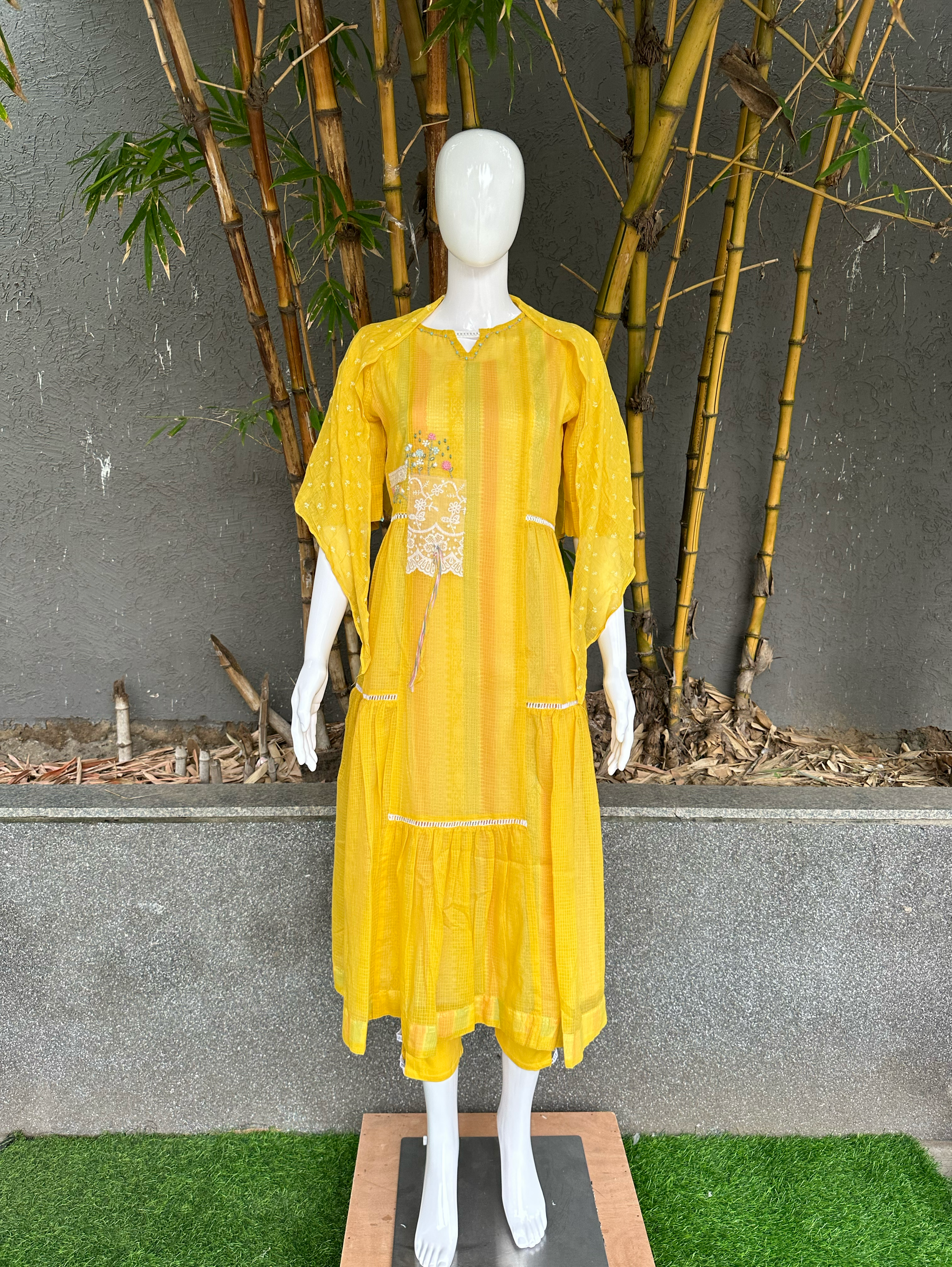 Image of Cotton 3 Piece with Scarf & Lycra Pant - Yellow