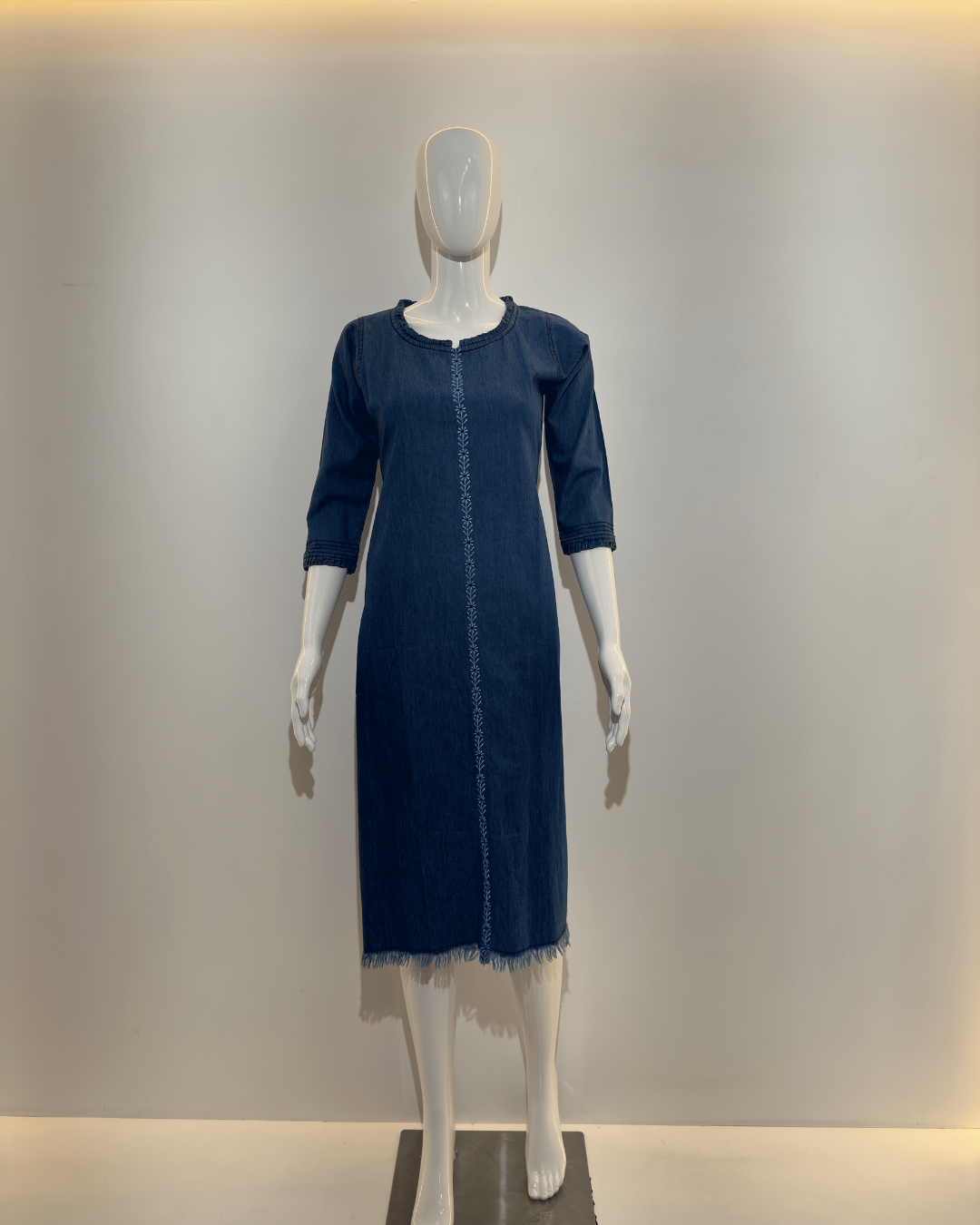 Image of Denim Dress with Embroidery and Unique Cuts