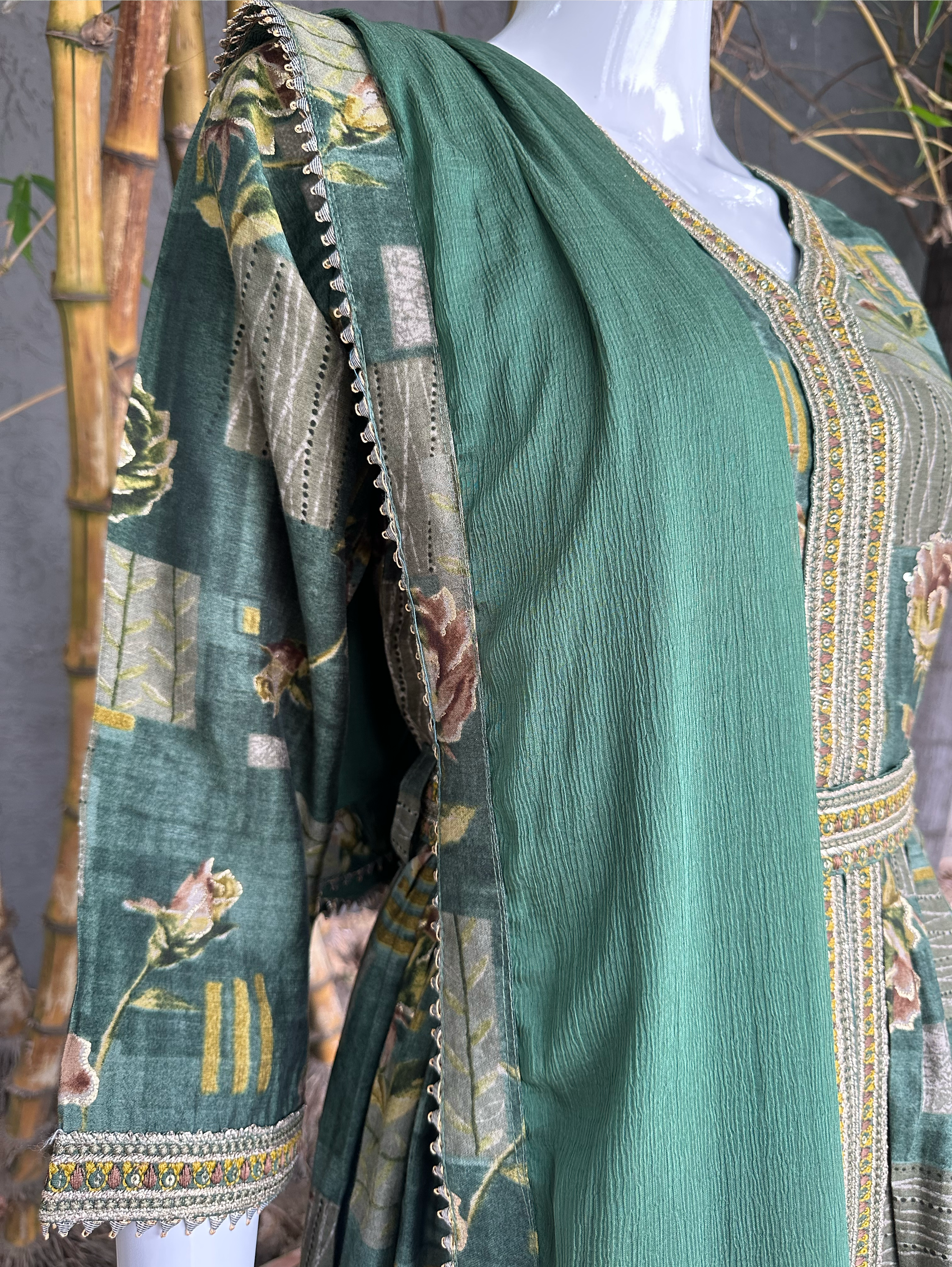 Image of Muslin with Embroidery Sequence Kurti Set- 3 Piece