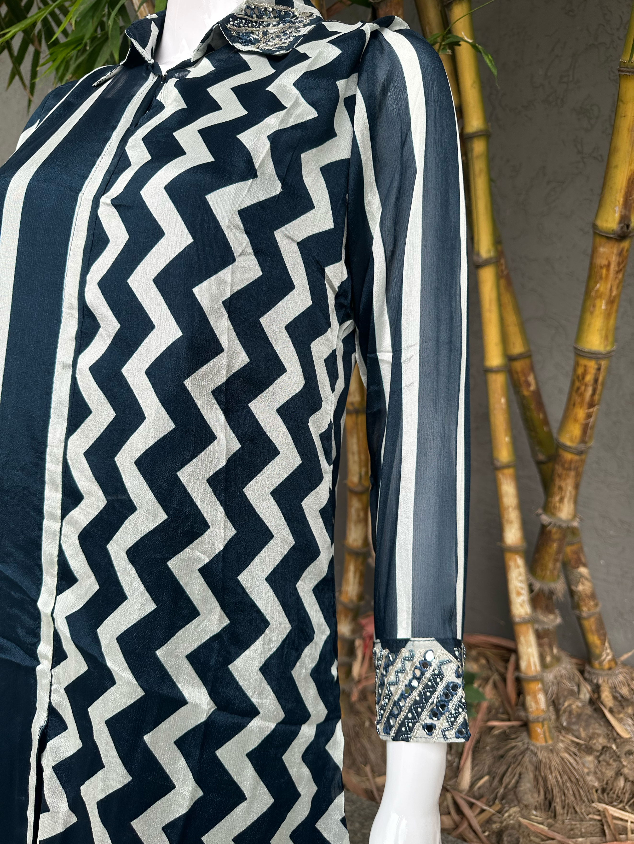 Image of Solid Blue Crepe Coord Set with Hand work - 3 Piece