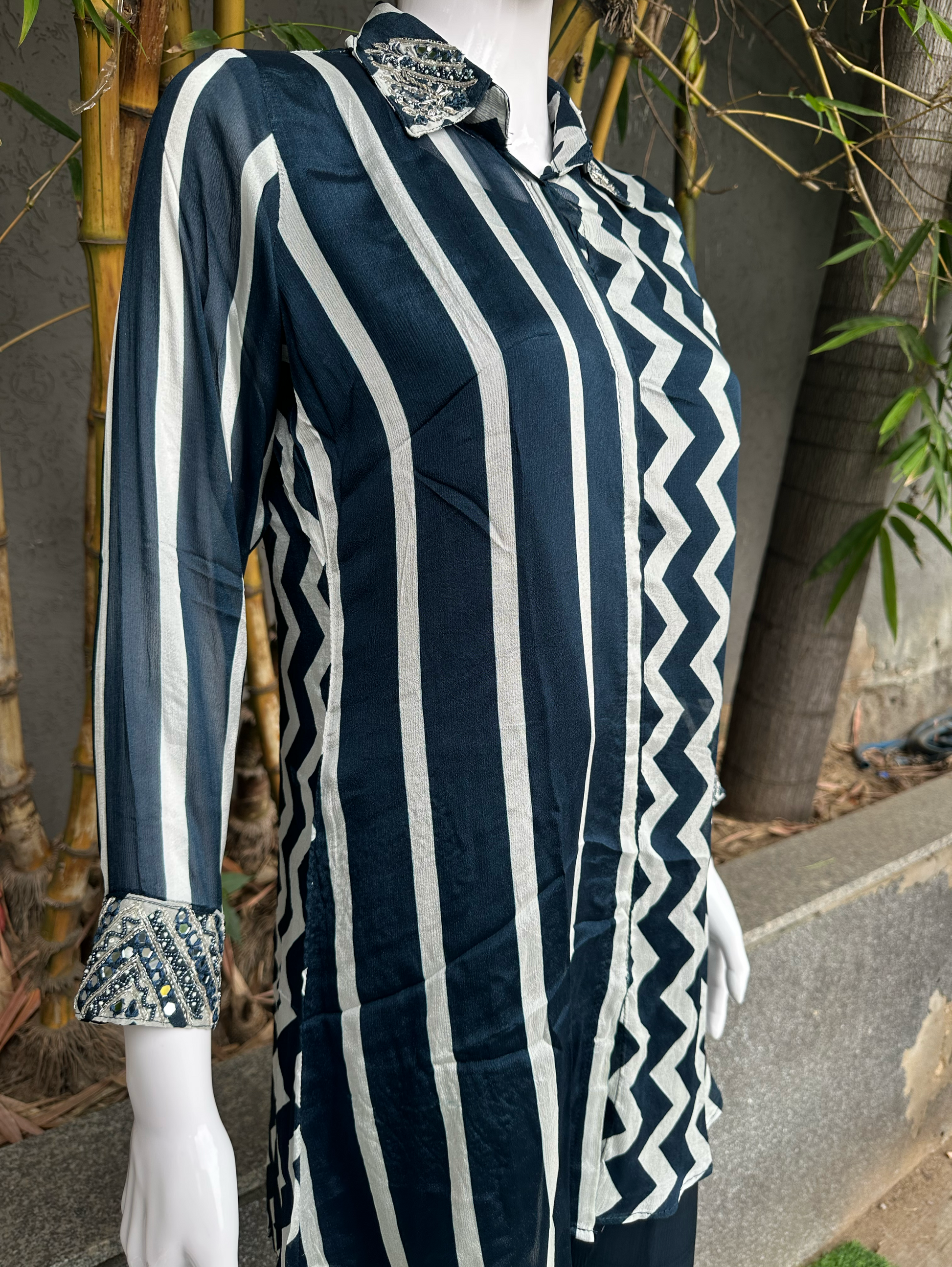 Solid Blue Crepe Coord Set with Hand work - 3 Piece