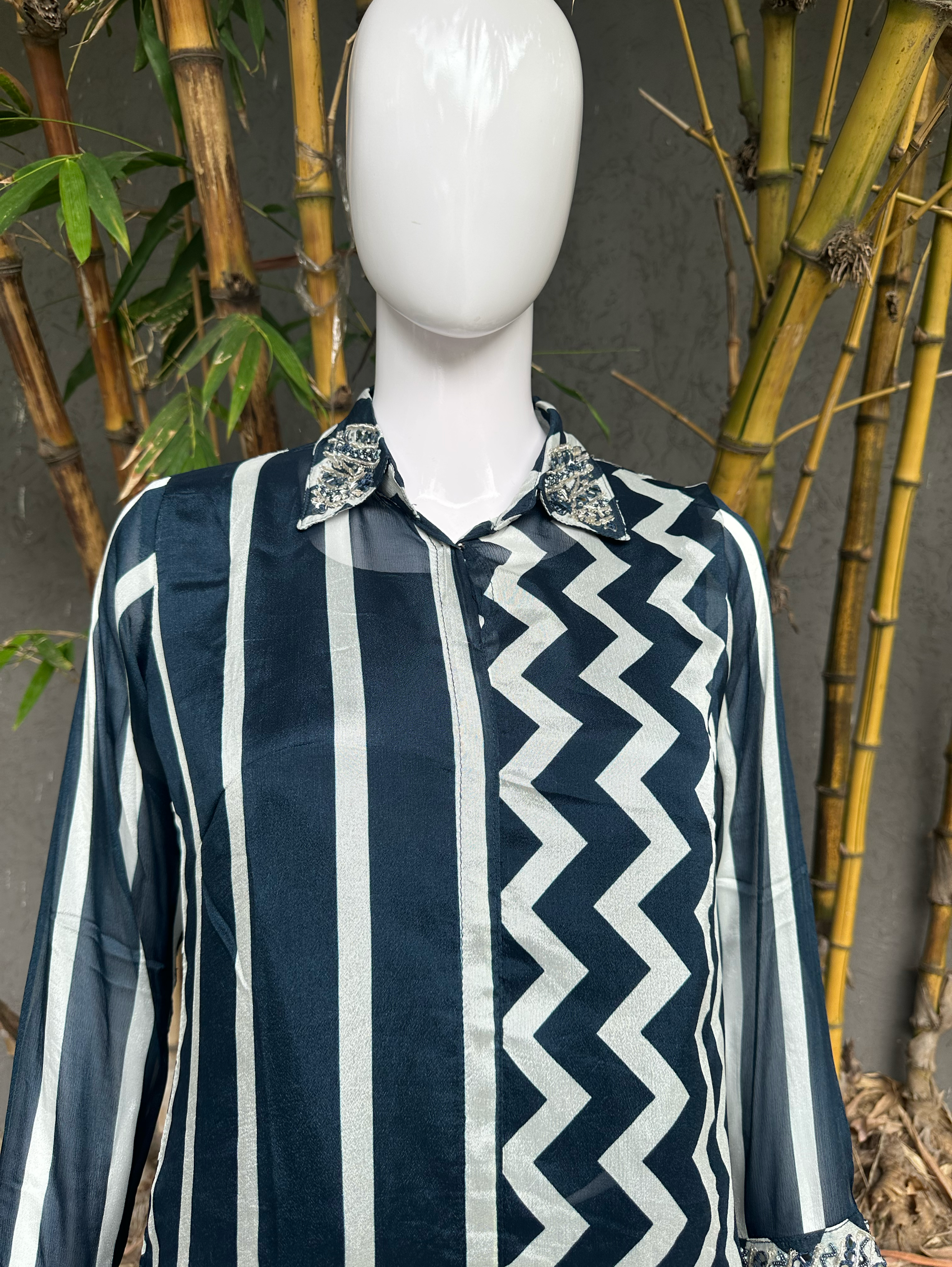 Solid Blue Crepe Coord Set with Hand work - 3 Piece