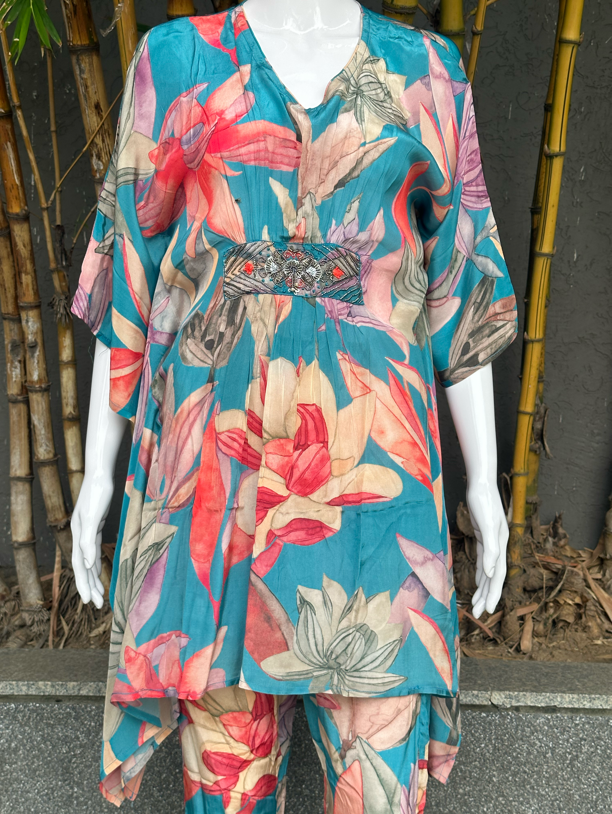 Blue Muslin Kaftan Coords - Hand work
