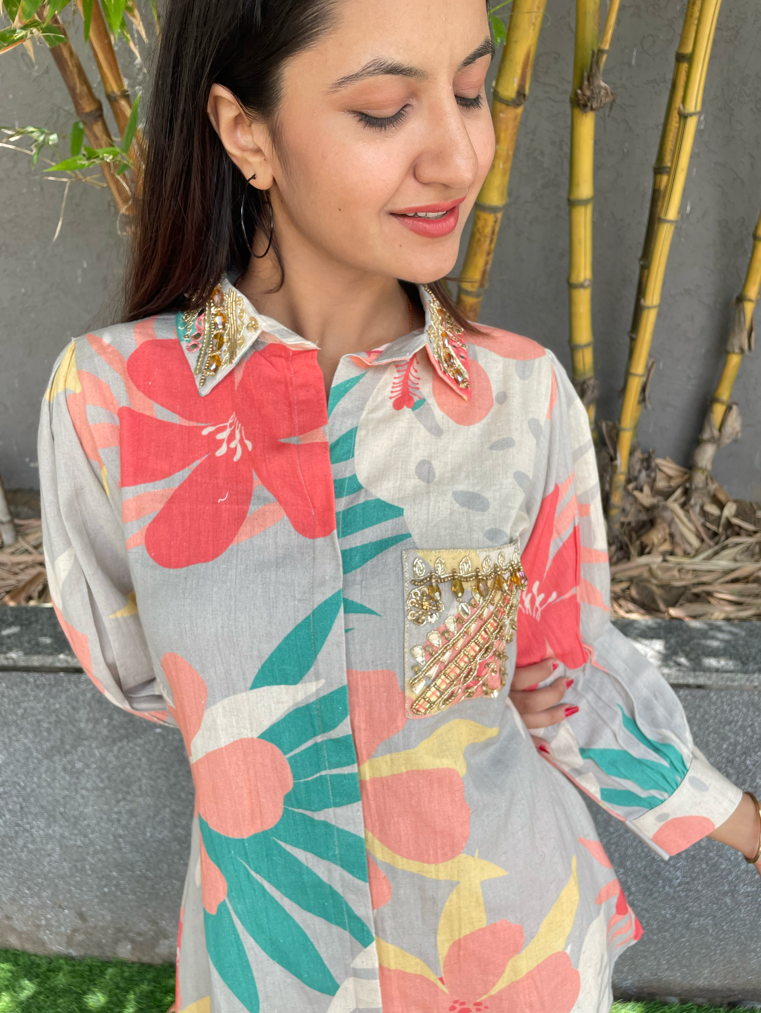Image of Cotton Flower Print Hand work Coords