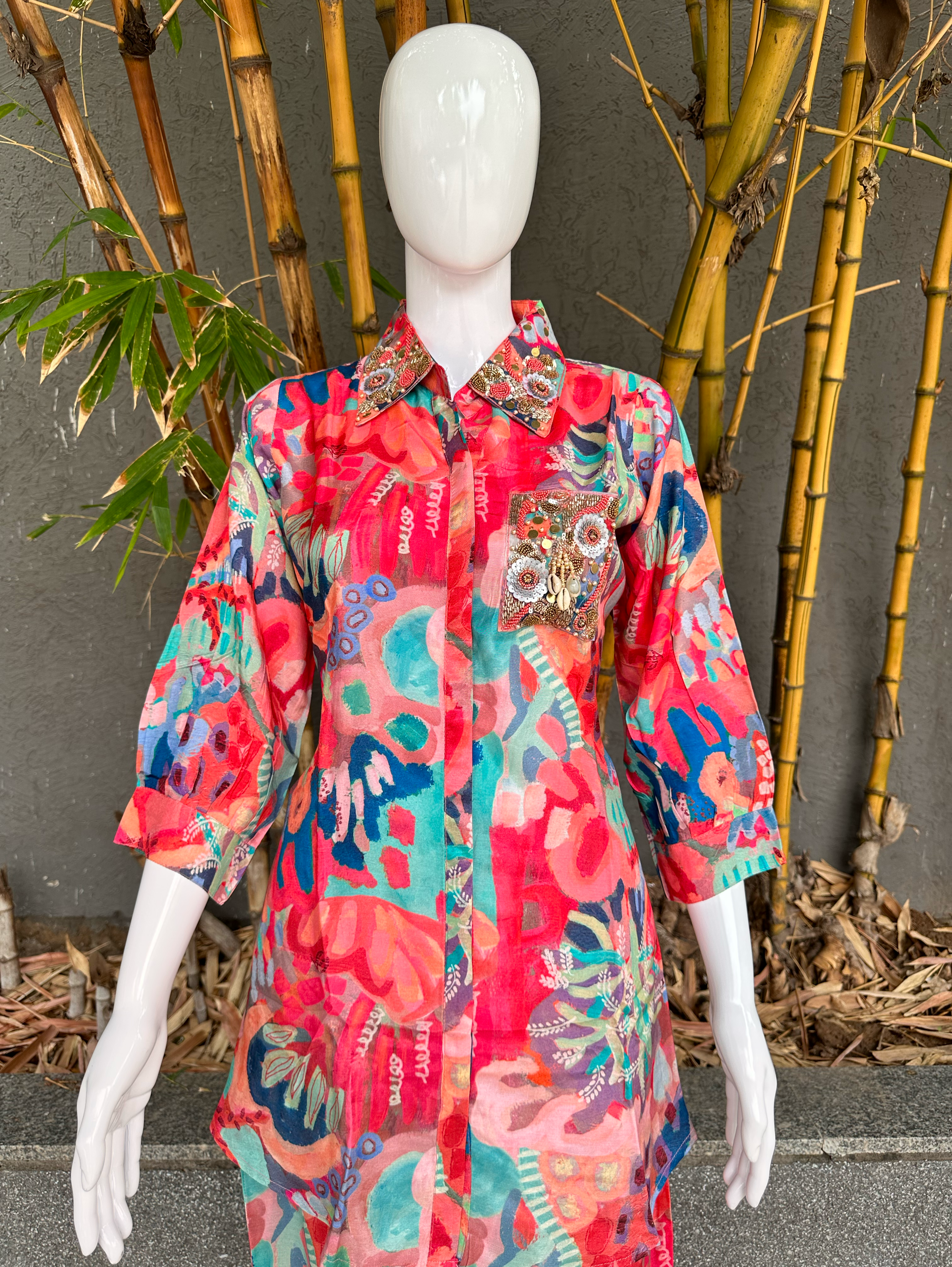 Muslin Coord Set with Collar & Pocket Hand Work