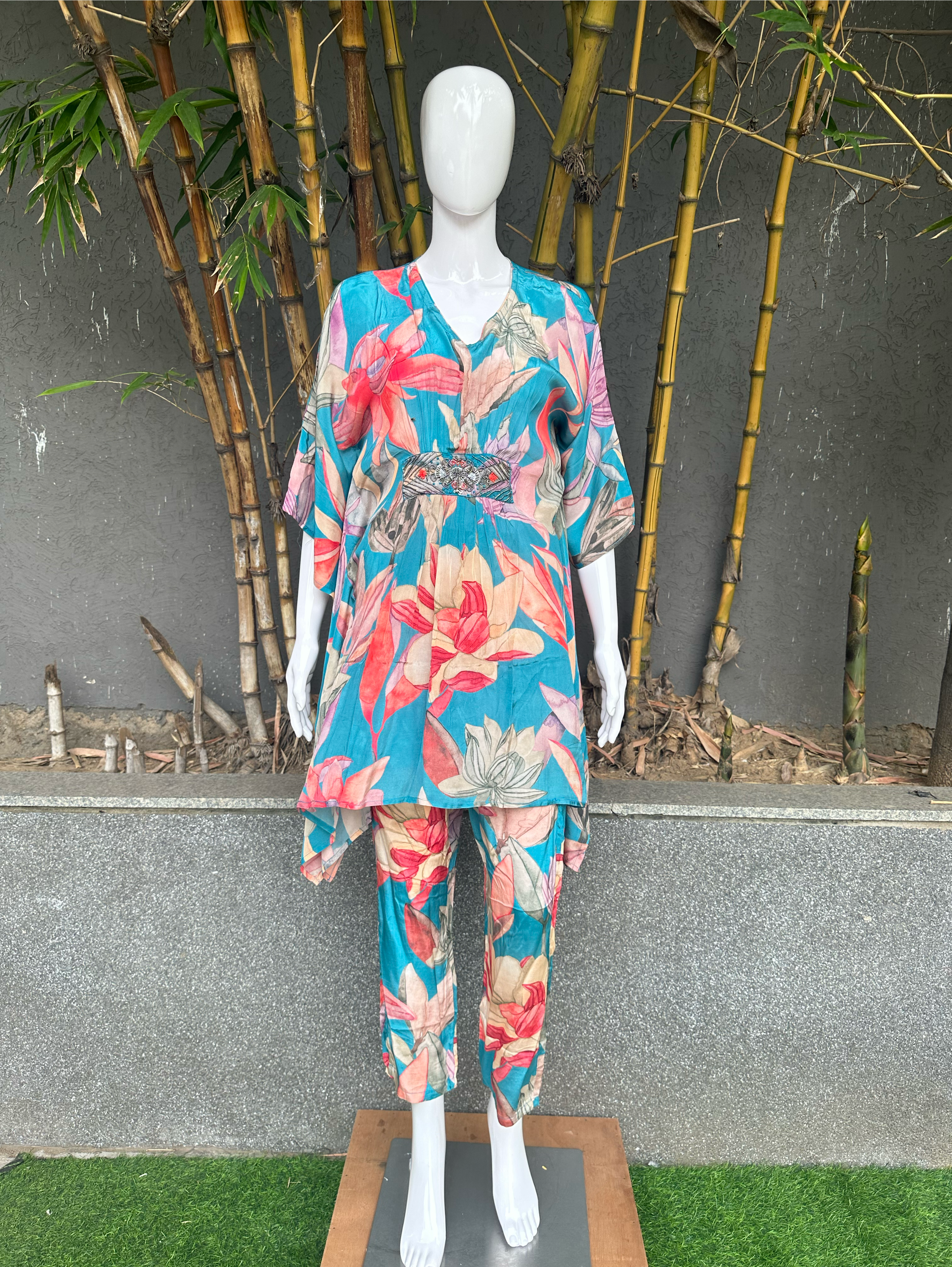 Image of Blue Muslin Kaftan Coords - Hand work
