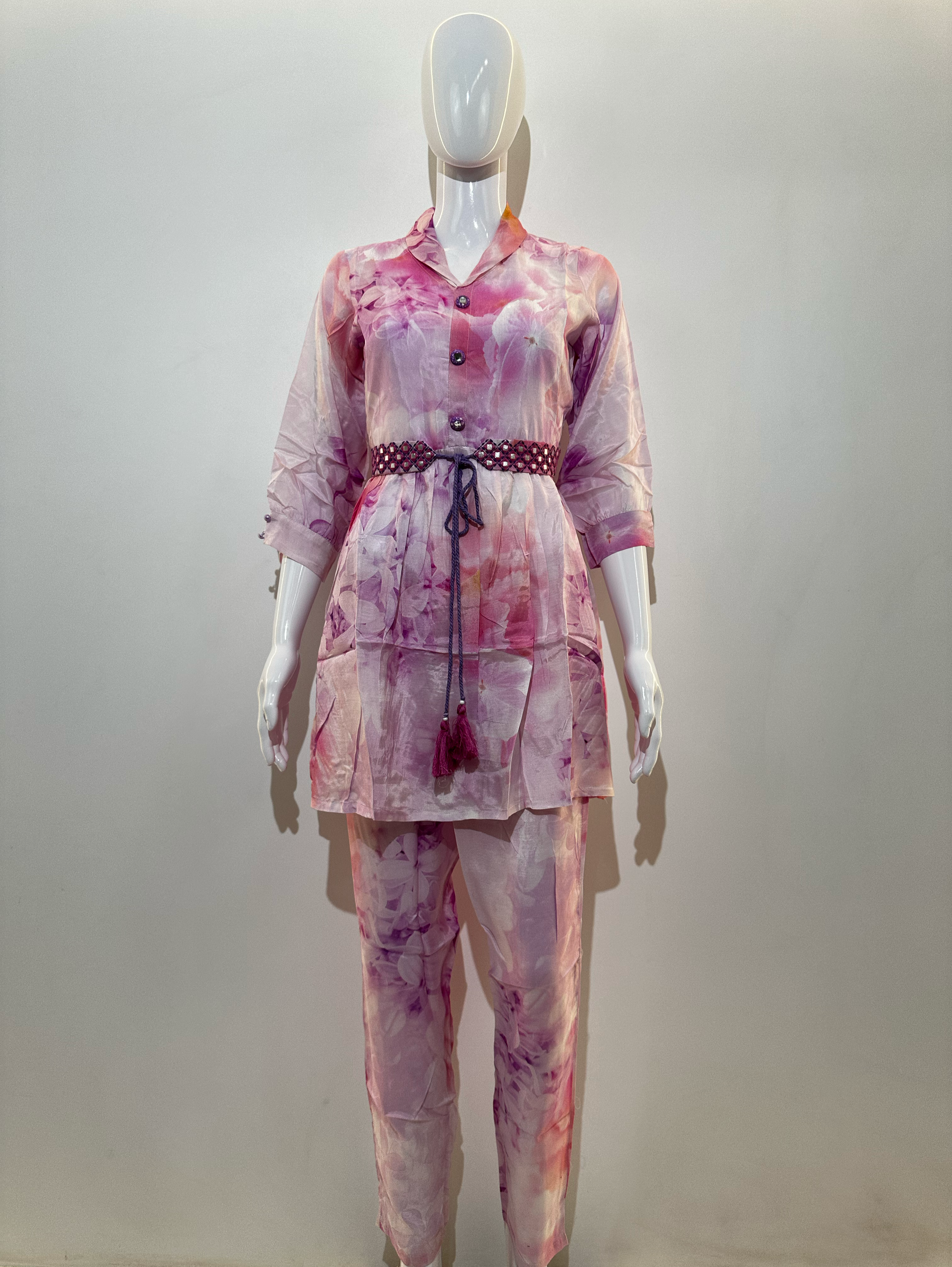 Image of Pink Co-ord Set With Button Embroidery