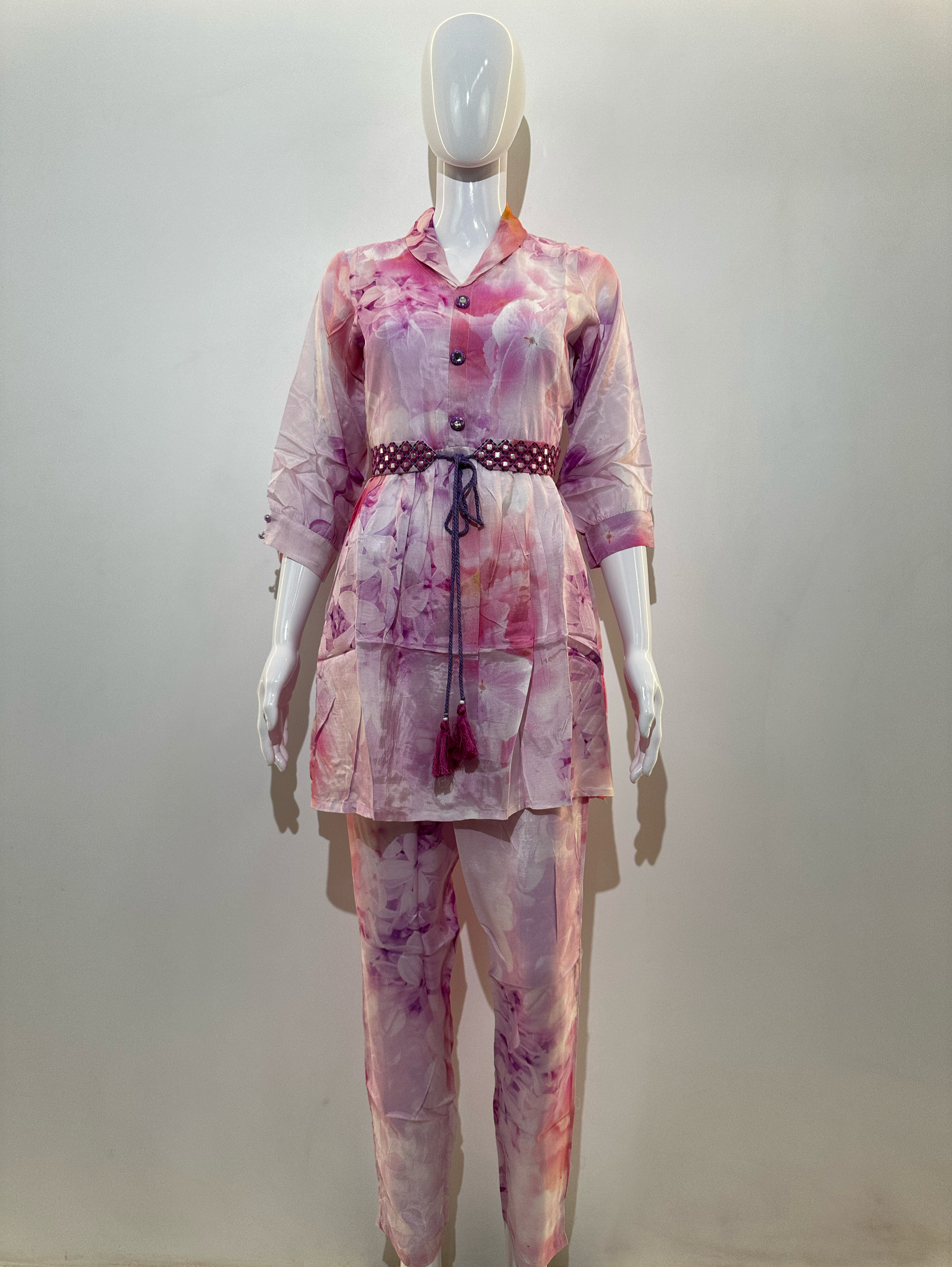 Pink Co-ord Set With Button Embroidery