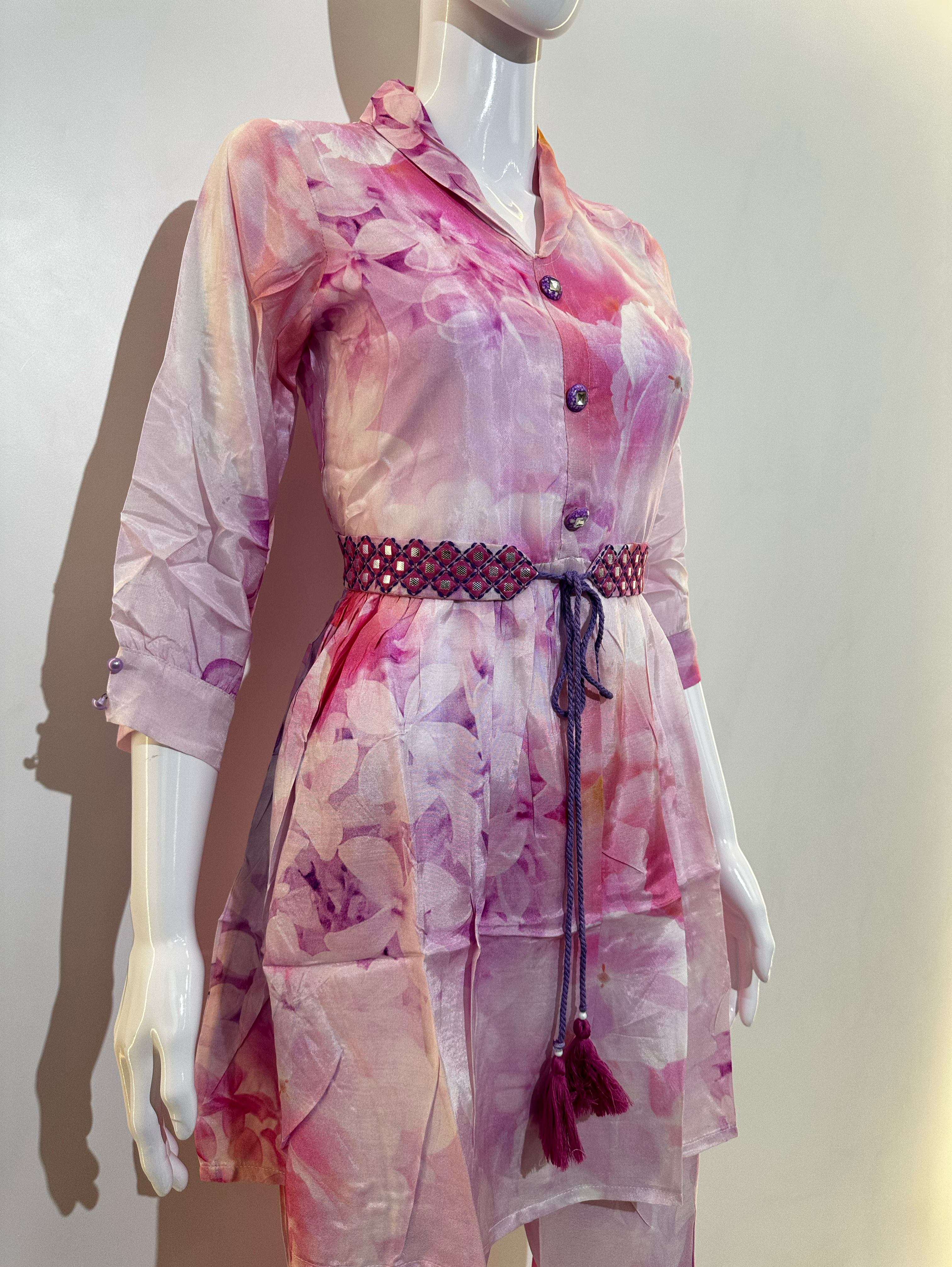 Image of Pink Co-ord Set With Button Embroidery