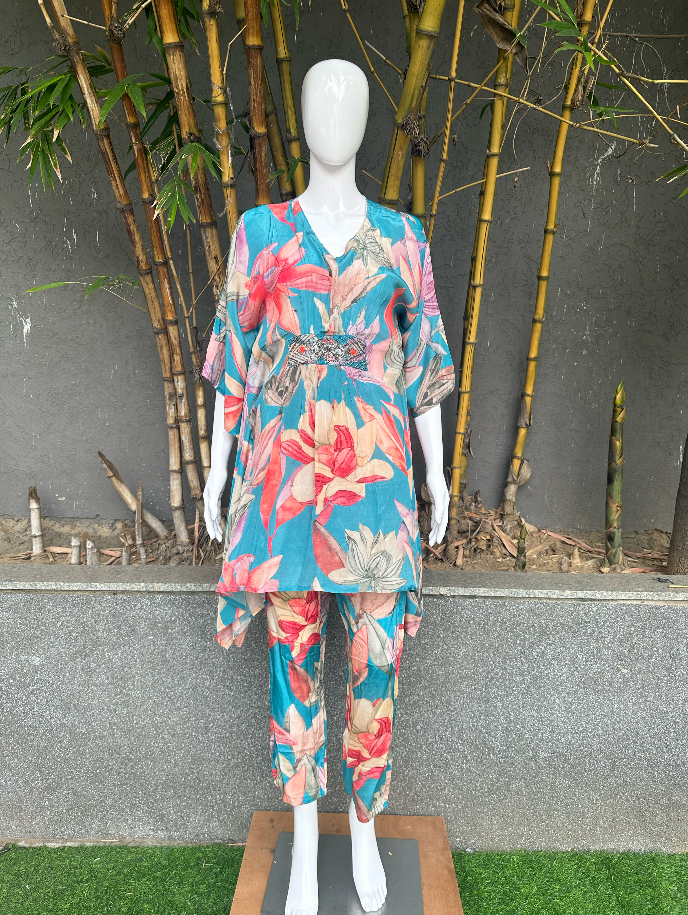 Image of Blue Muslin Kaftan Coords - Hand work