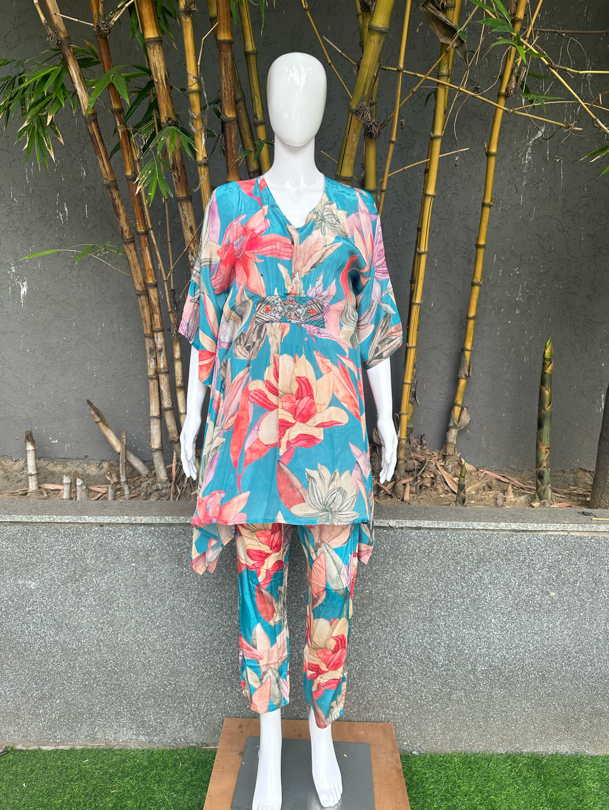 Blue Muslin Kaftan Coords - Hand work