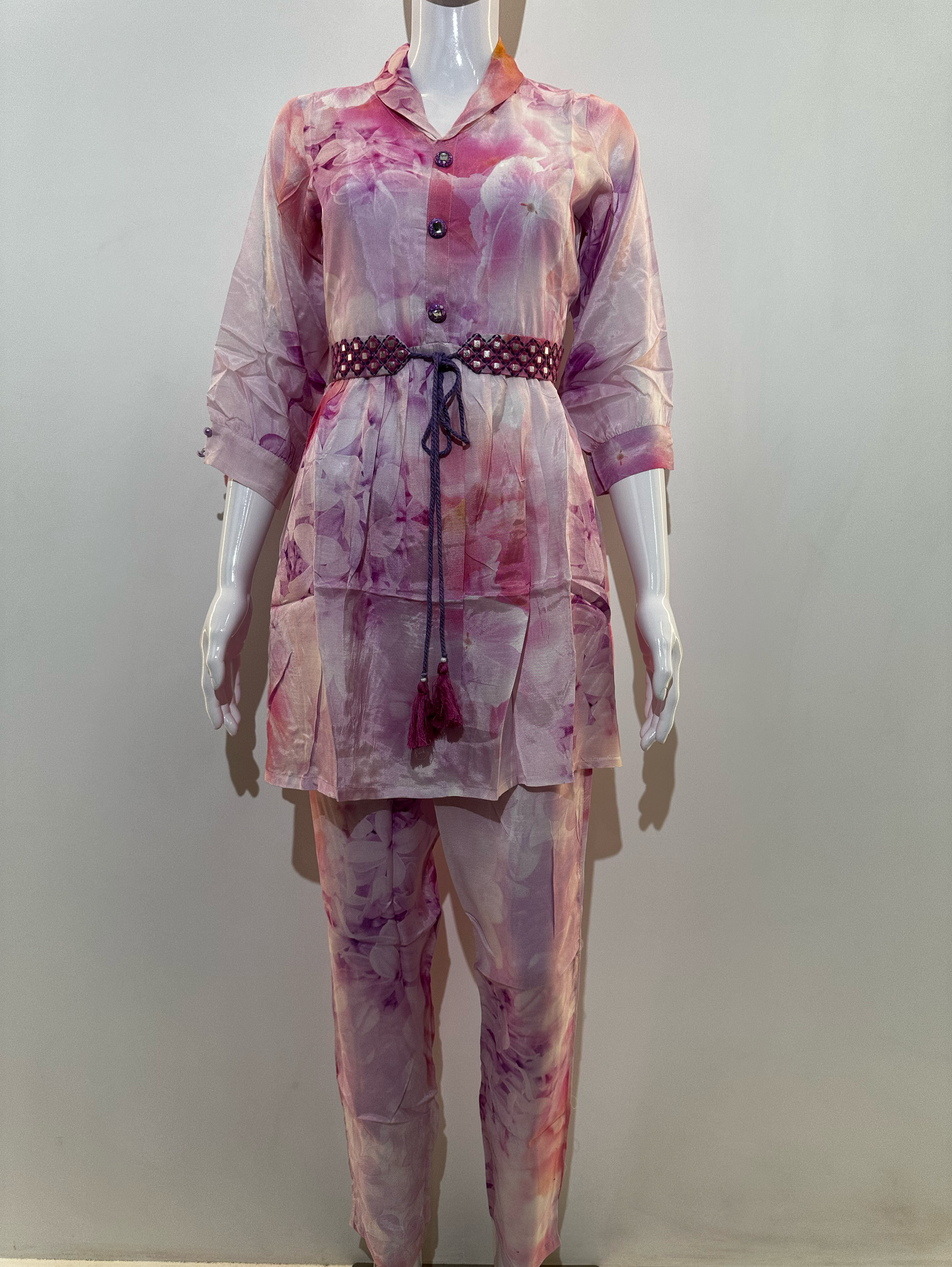 Pink Co-ord Set With Button Embroidery