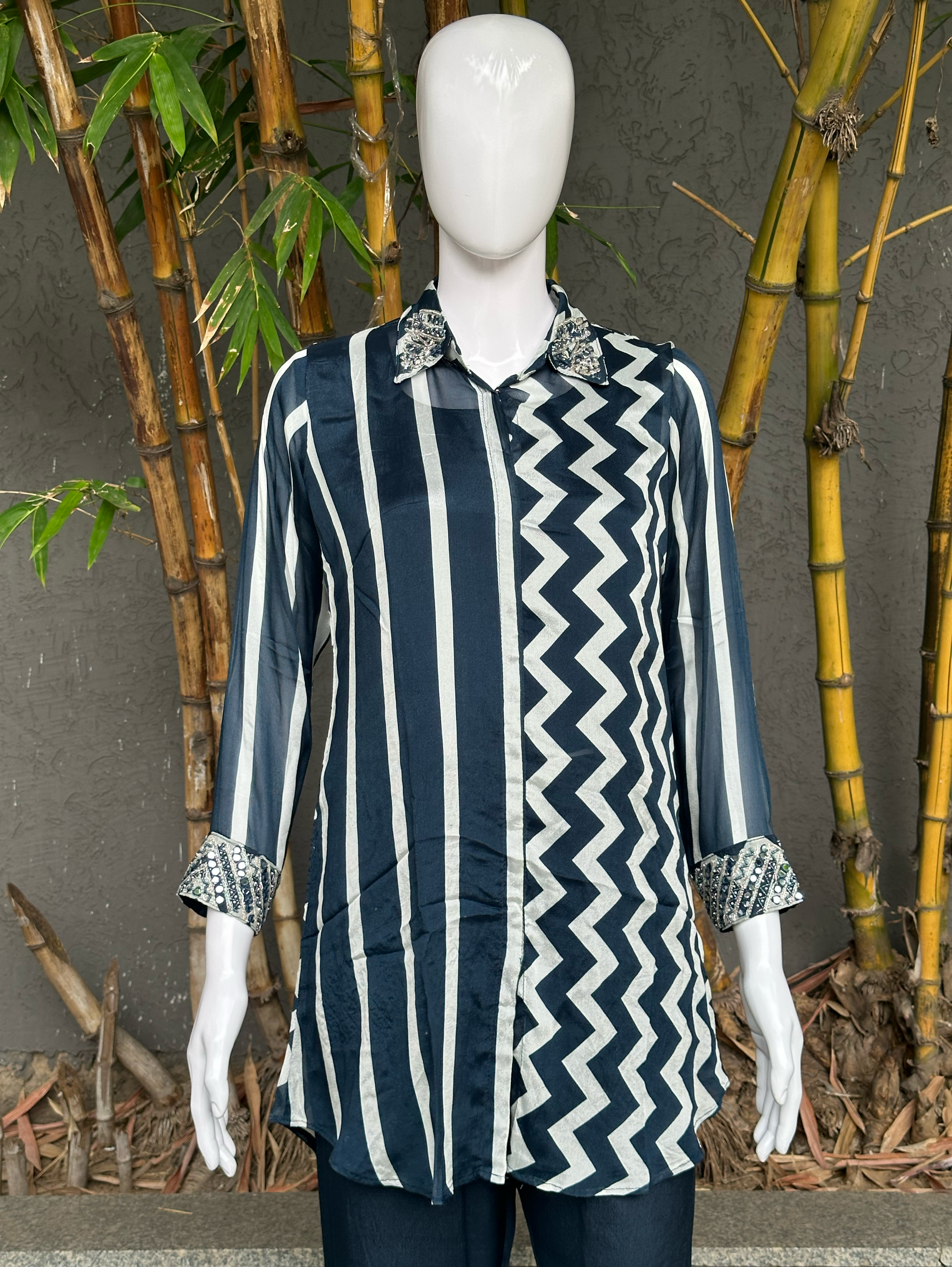 Solid Blue Crepe Coord Set with Hand work - 3 Piece