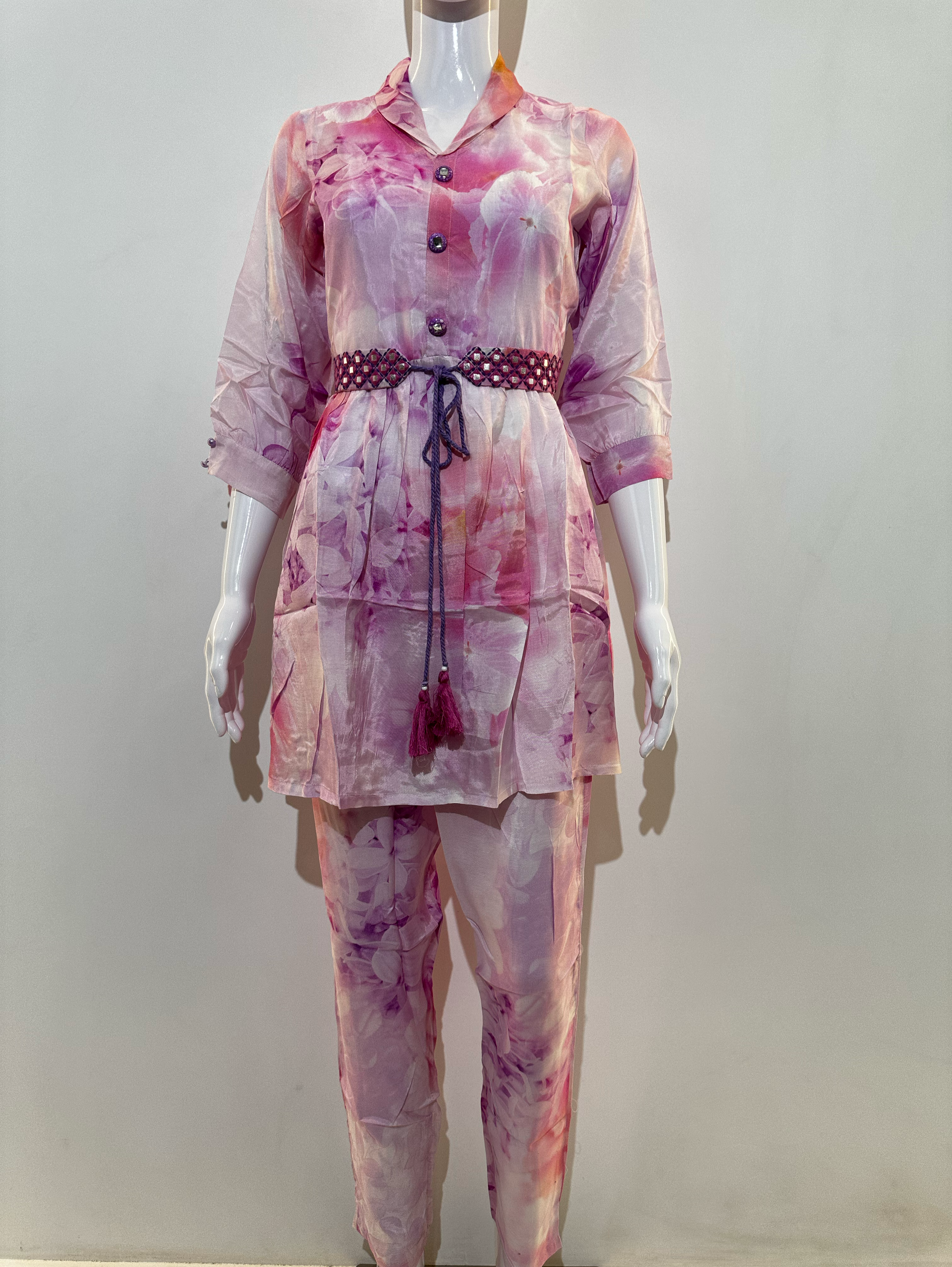 Image of Pink Co-ord Set With Button Embroidery