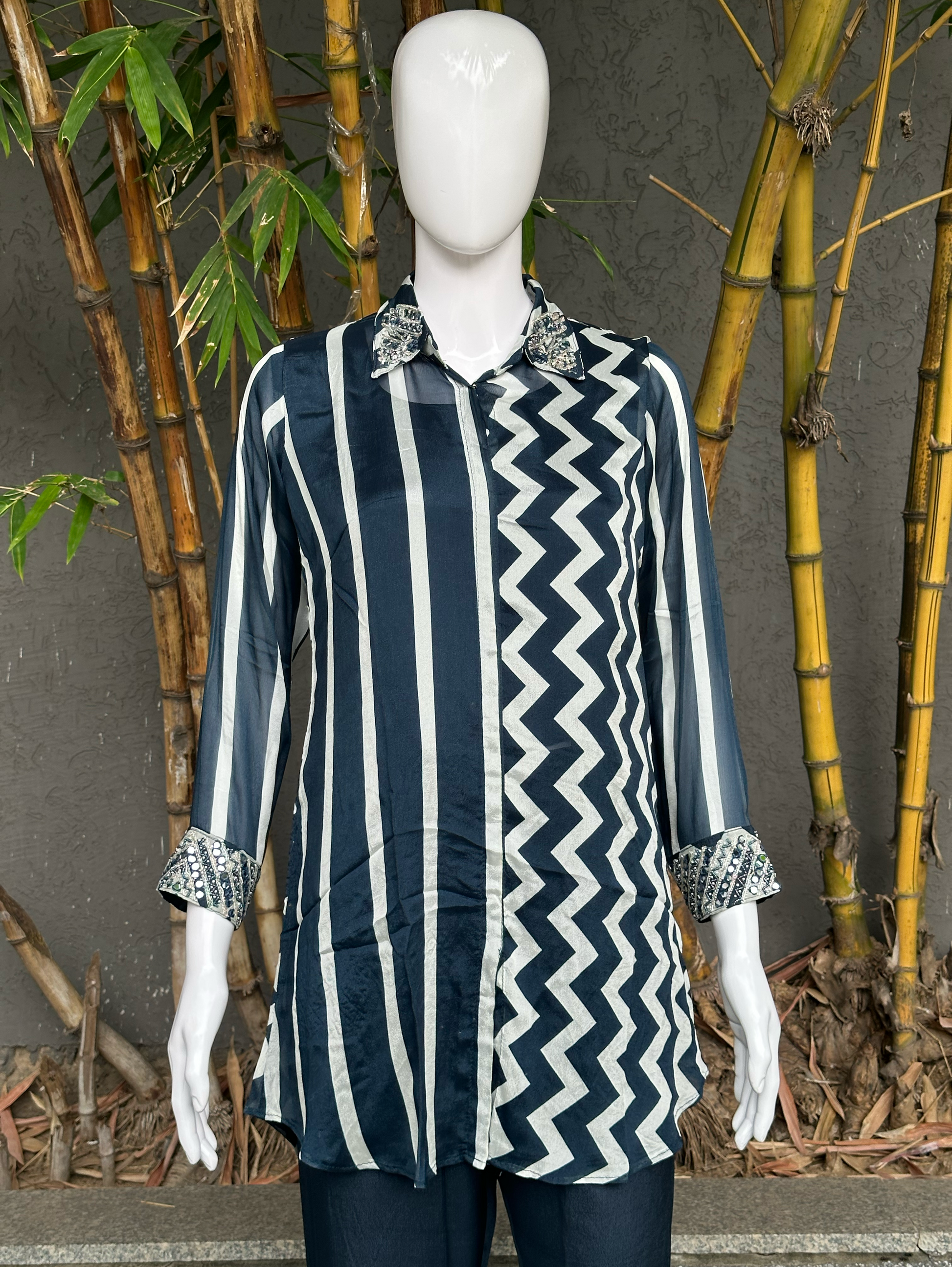 Solid Blue Crepe Coord Set with Hand work - 3 Piece