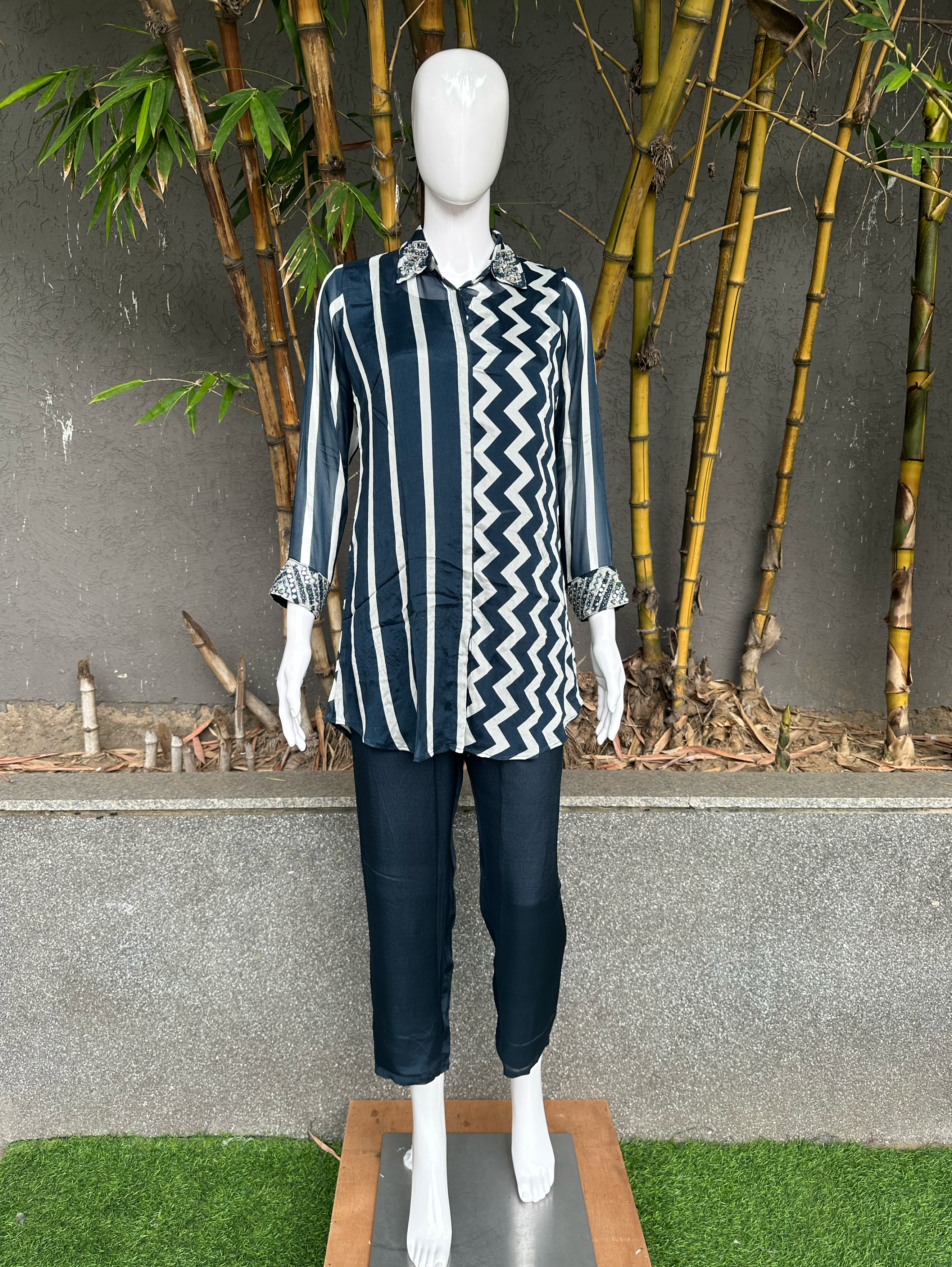 Solid Blue Crepe Coord Set with Hand work - 3 Piece