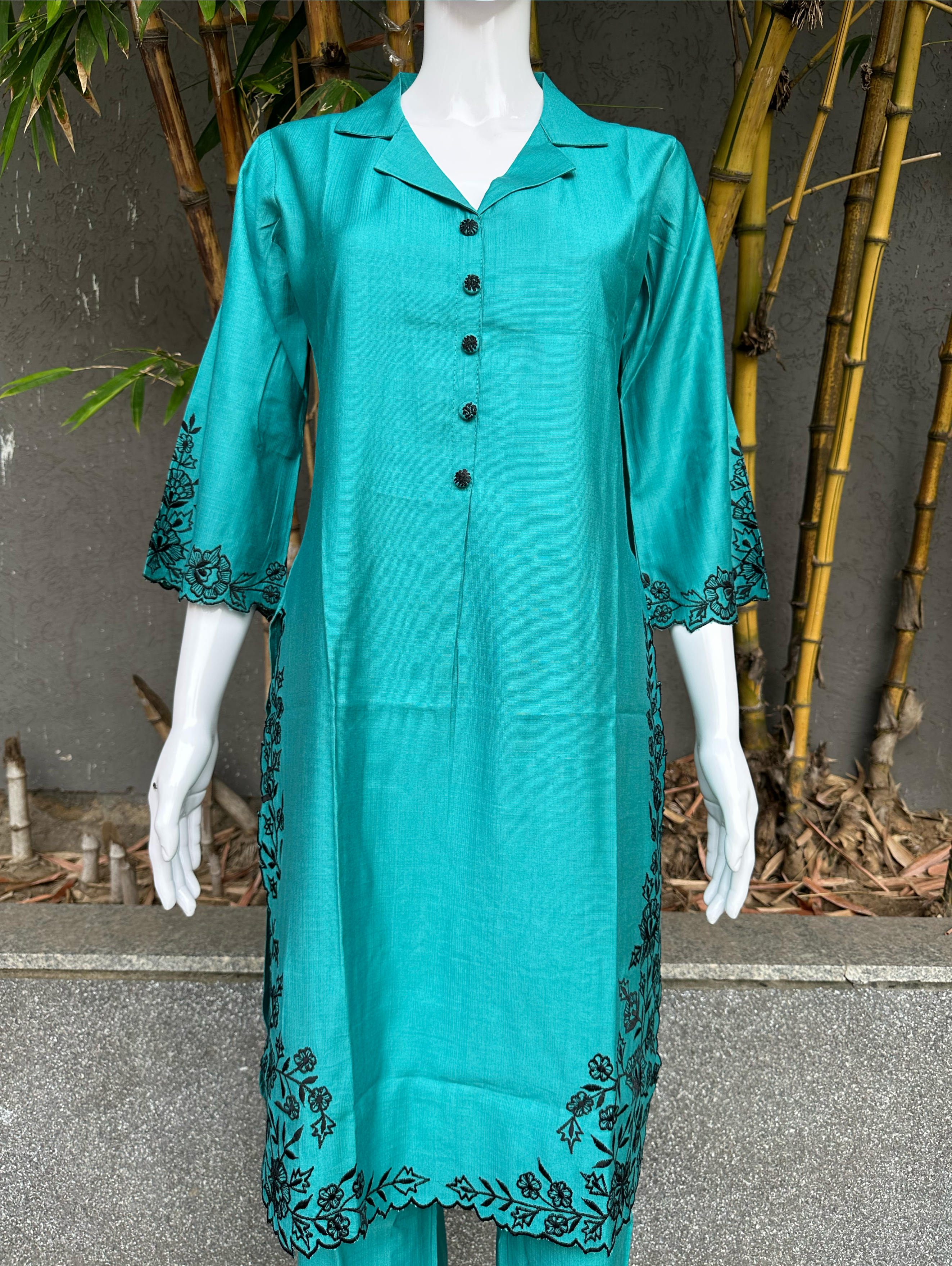 Image of Blue Rayon Embroidery Coords - Palazzo Pant